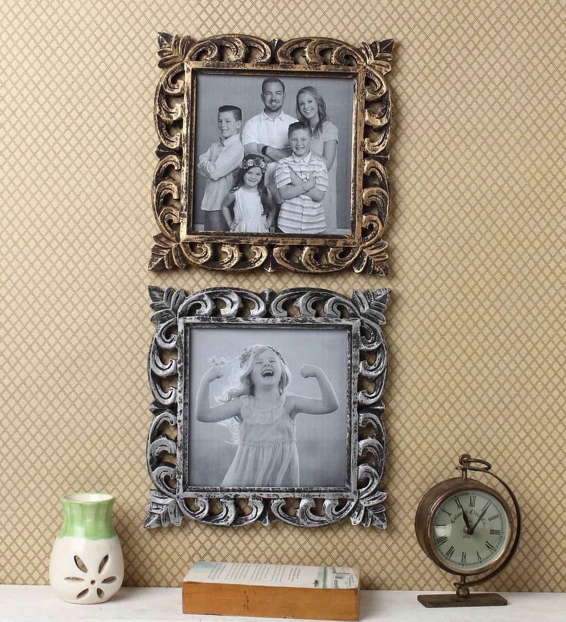 Buy Decorative Wooden Photo Frame Set of 3 Antique finish in Golden