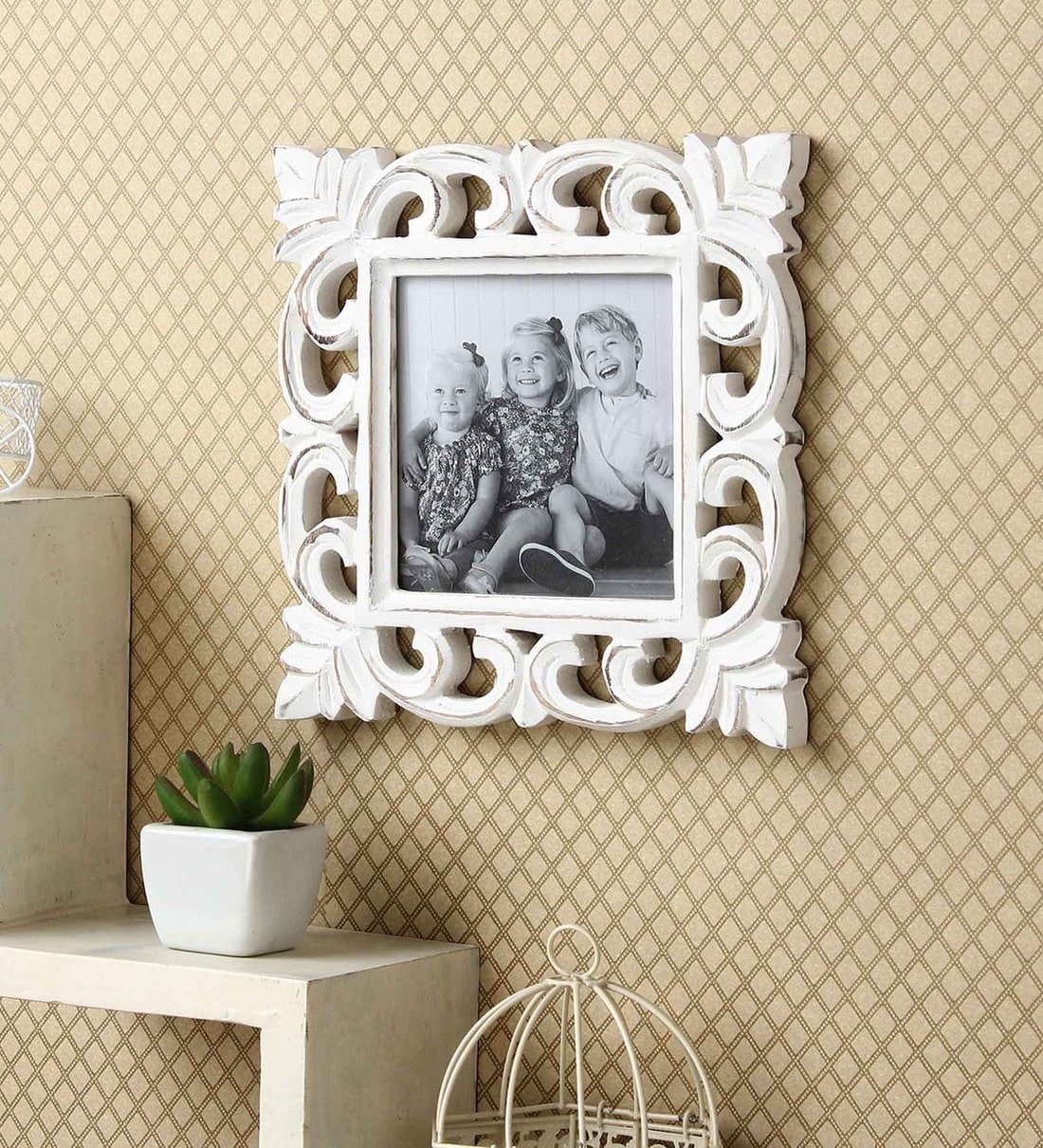 Buy Decorative Wooden Single Photoframe Antique Finish in White Colour