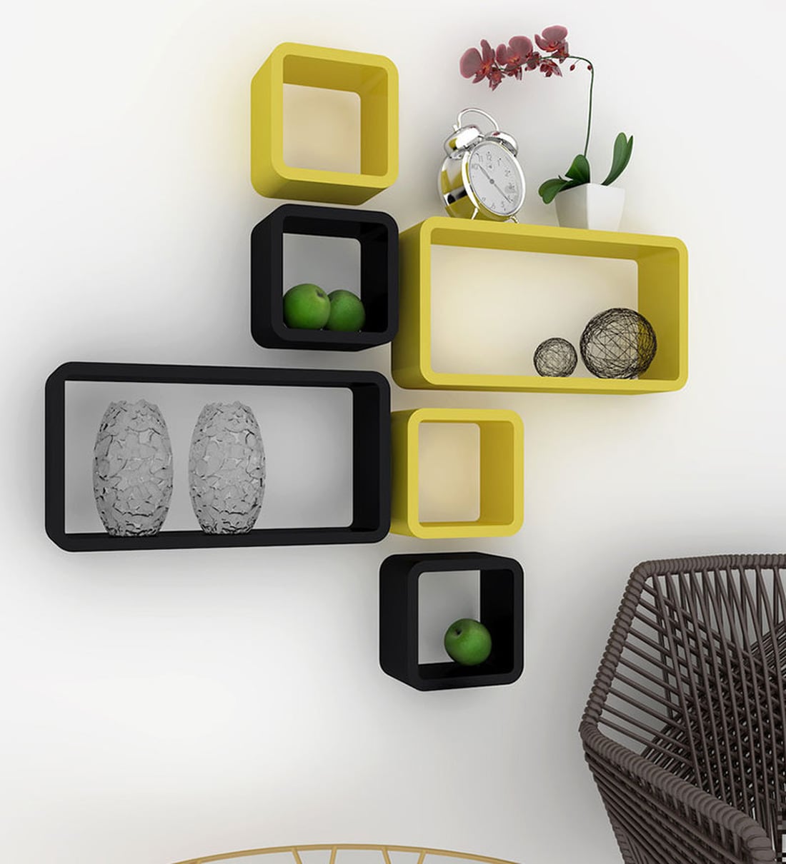 Buy AYHM Black & Yellow Floating Cube Rectangle Wall Shelf Rack Set