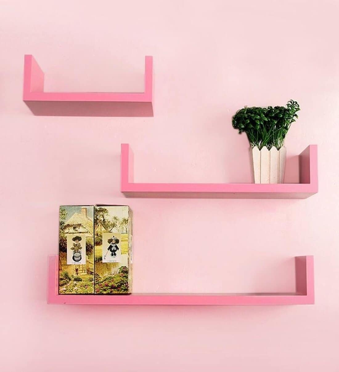 Buy Floating Wall Shelf (Set of 3) in Pink Finish by AYHM Online