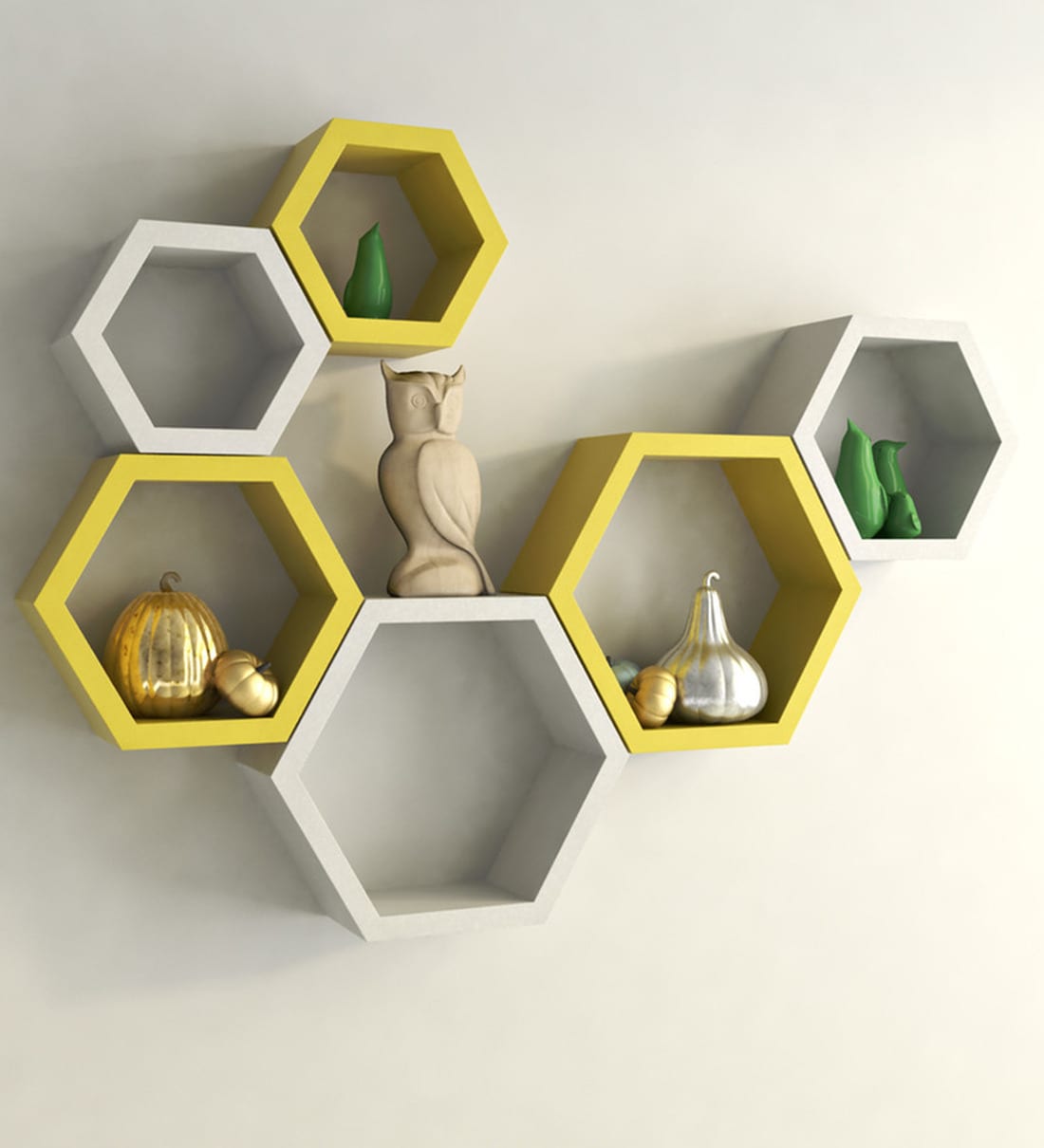 Buy Set Of 6 Engineered Wood Hexagon Wall Shelf In White Yellow