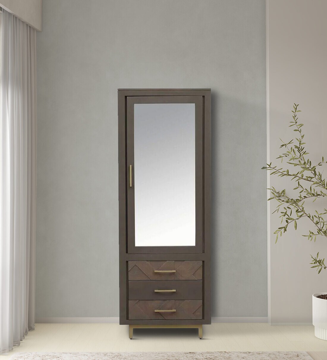 Buy Deltoid Solid Wood 1 Door Wardrobe with Mirror in Olive Finish at 4