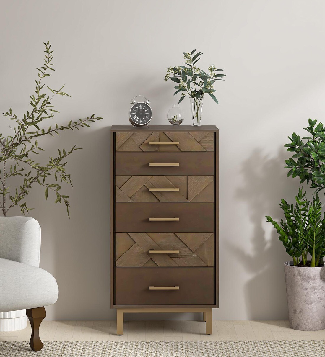 Buy Deltoid Solid Wood Tall Chest of 6 Drawers in Olive Finish at 3