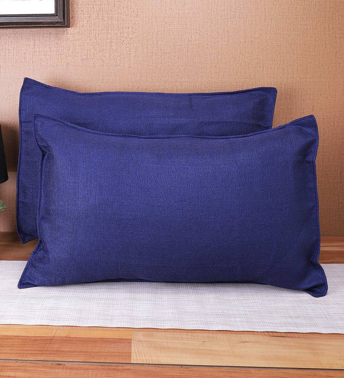 Buy Denim Blue Premium Jute Solid Pillow Cover (Set of 2) by The