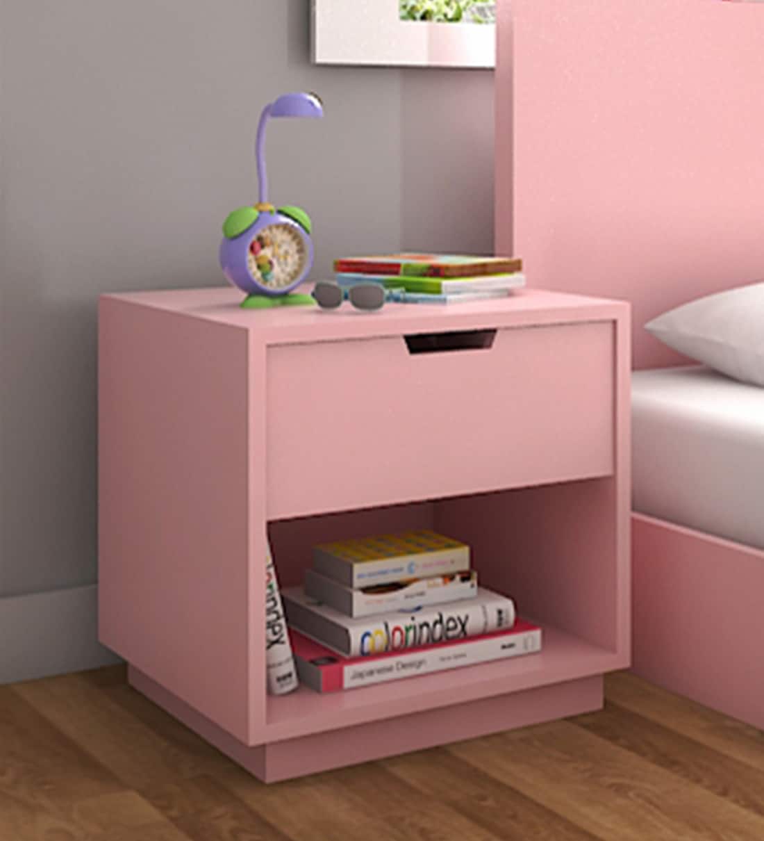 Buy Dennis Bed Side Table in Pink Colour by Ikooji Online Kids