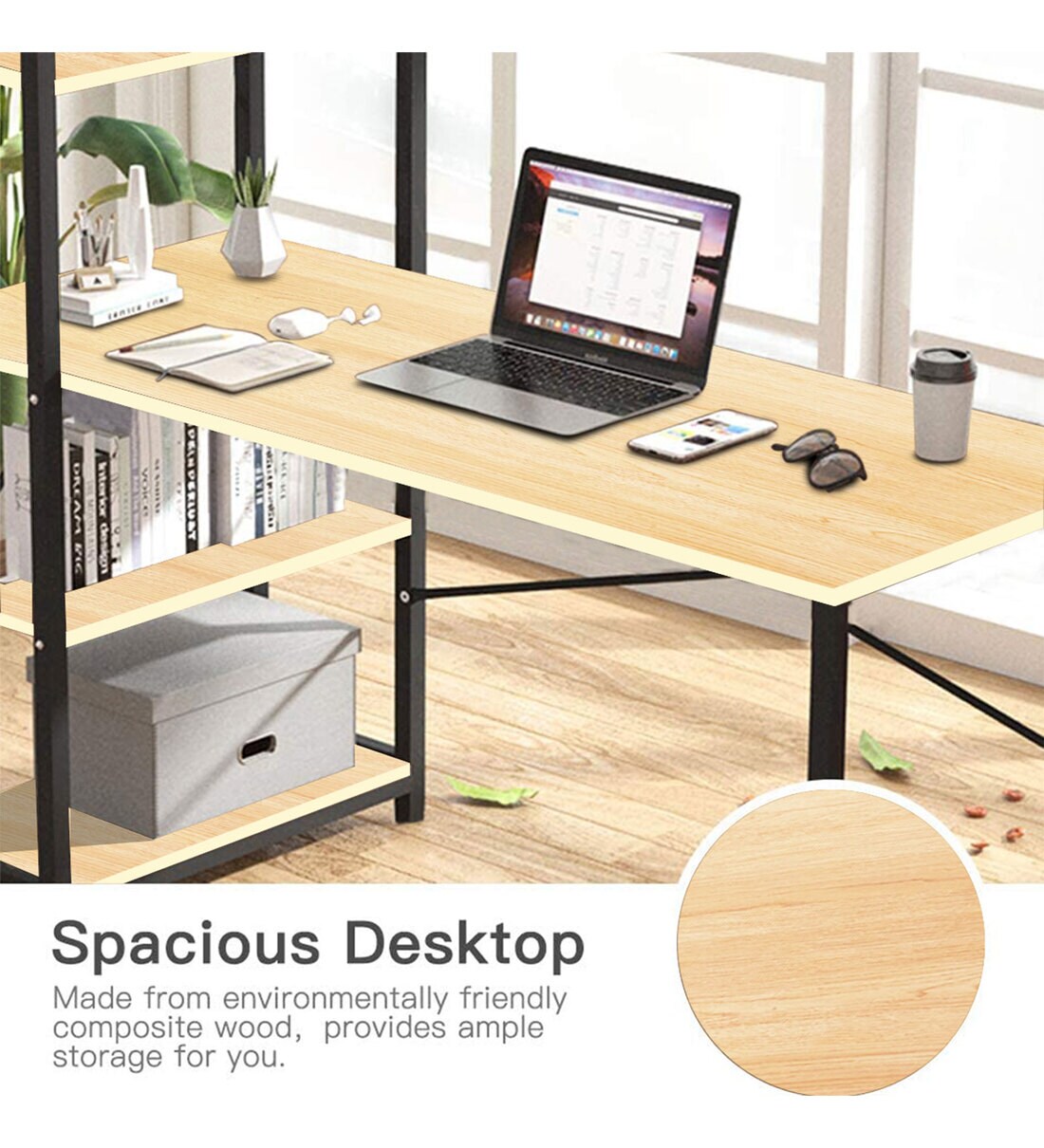 Buy Denver Writing Table with Side Shelves in Oak Brown Finish Online