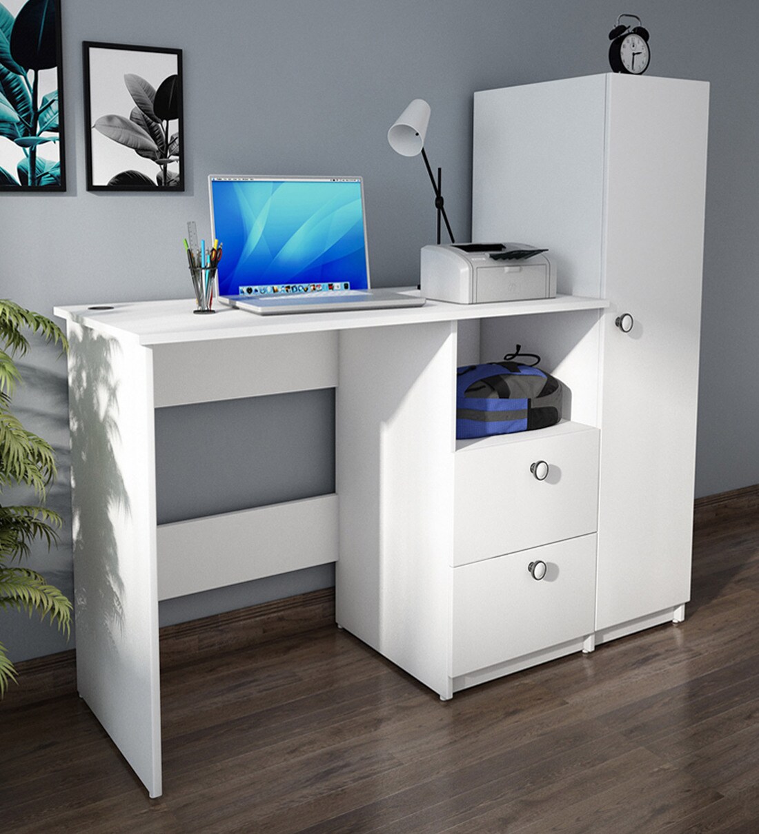 Buy Derrick Hutch Desk in Frosty White Finish by Woodbuzz Online