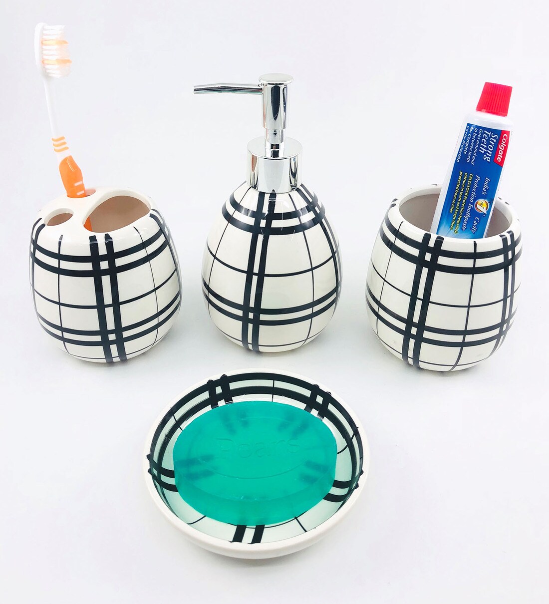 Buy Ceramic Counter Top Bathroom Accessories in Black & White, Set of 4