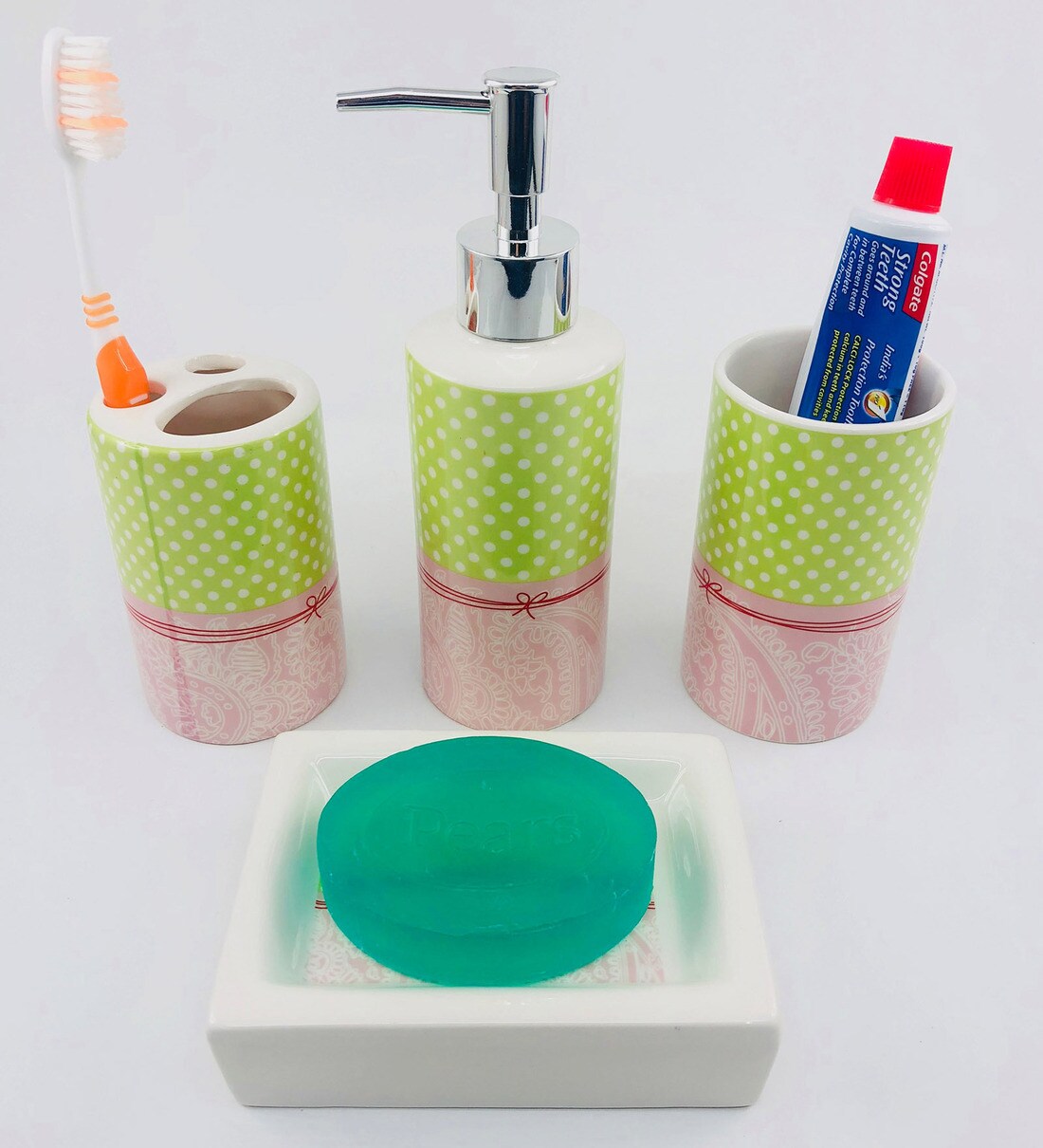 Buy Ceramic Counter Top Bathroom Accessories In Multicolour Set Of 4 Online Accessory Sets Accessory Sets Homeware Pepperfry Product