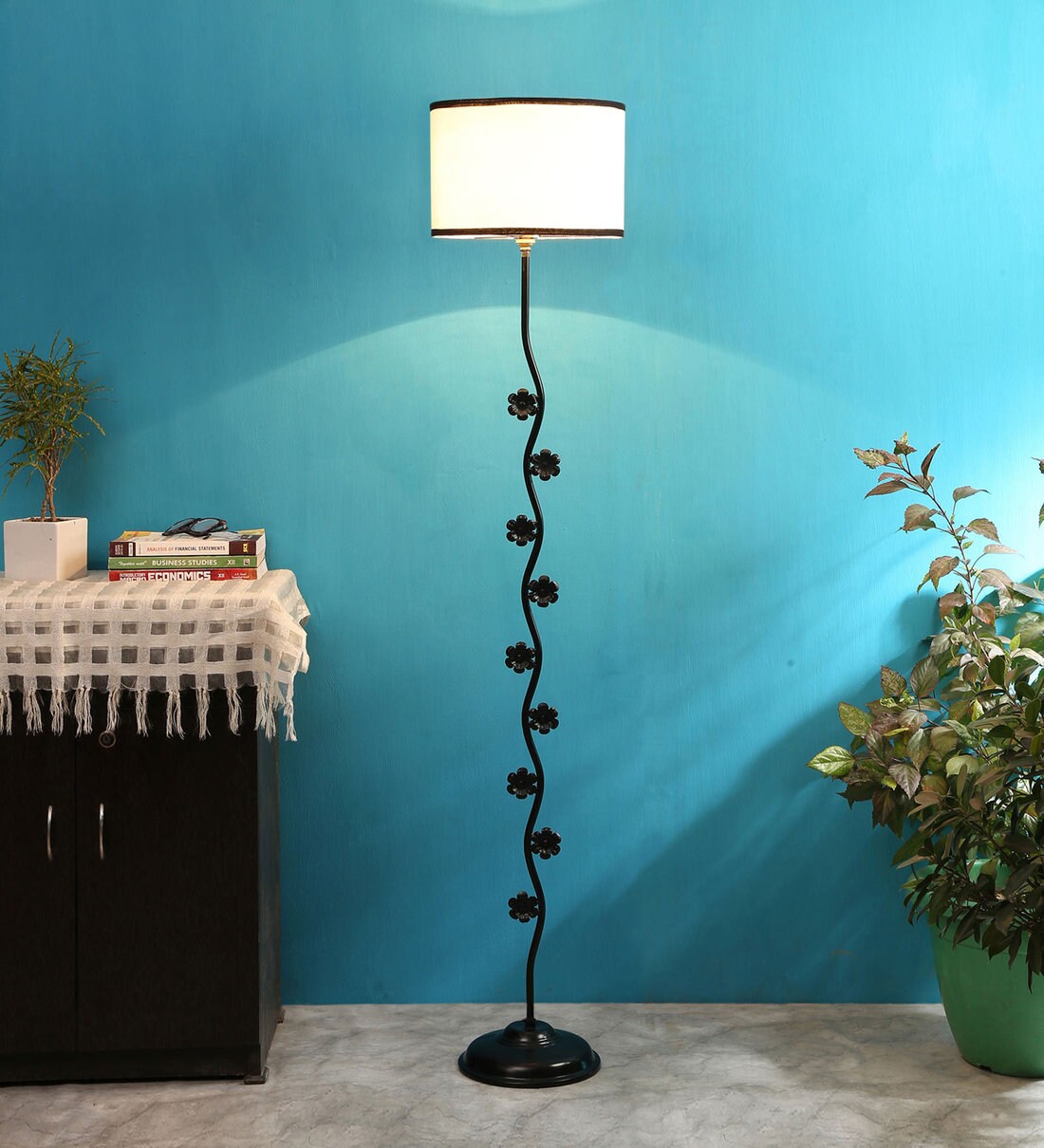 Buy Designer Flower Multicolor Cotton Shade Floor Lamp with Black Base
