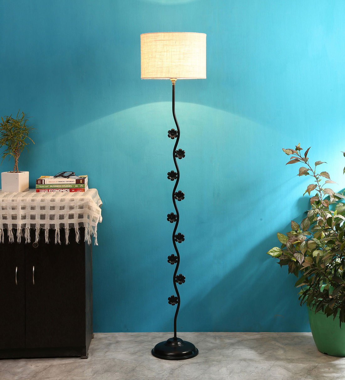 Buy Designer Flower White Jute Jute Shade Floor Lamp with Black Base by