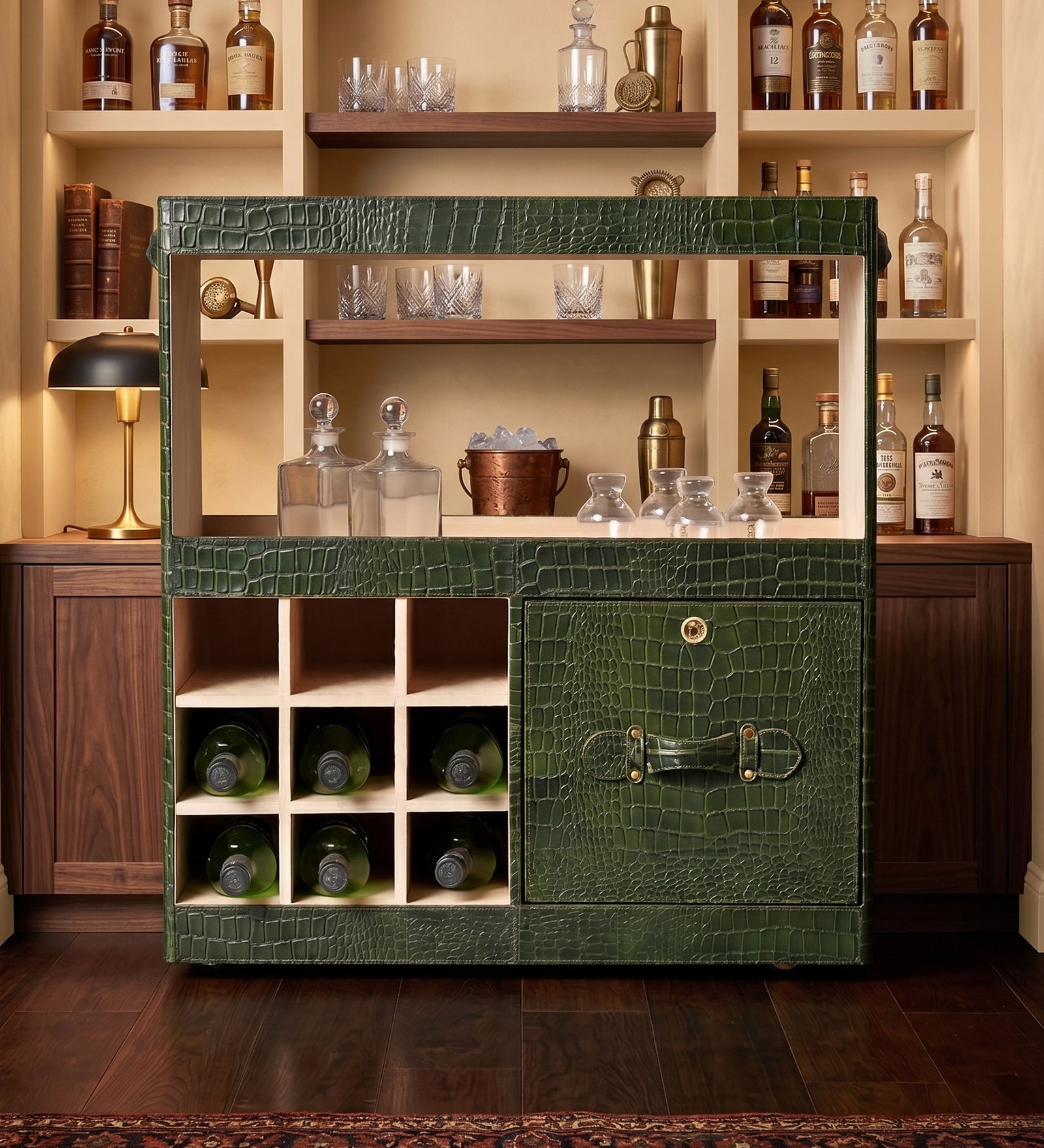 Debonair Croco Leather Bar Trolley in Olive Green Finish Debonair Croco Leather Bar Trolley in Olive Green Finish