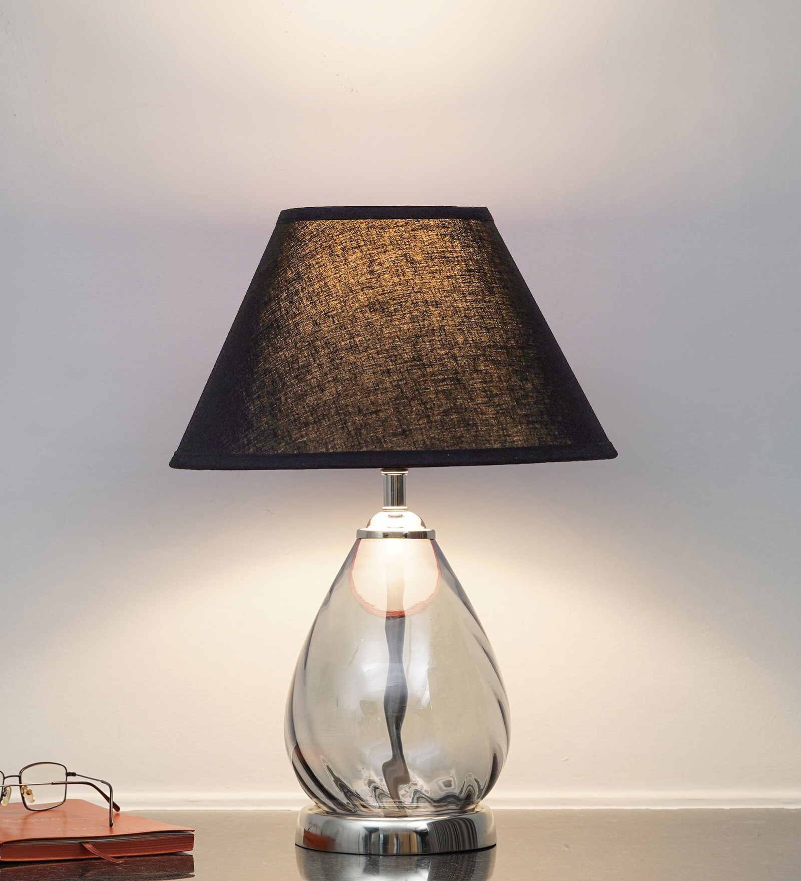 Decade Blue Luster Glass And Metal Table Lamp With Black Cotton Shade