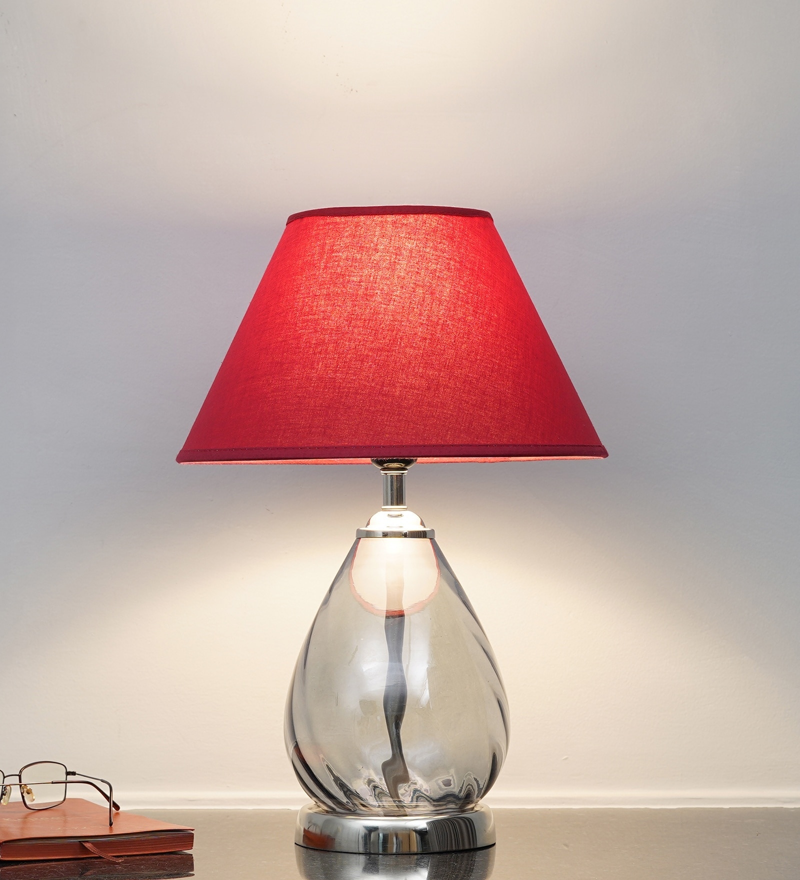 Decade Blue Luster Glass And Metal Table Lamp With Maroon Cotton Shade