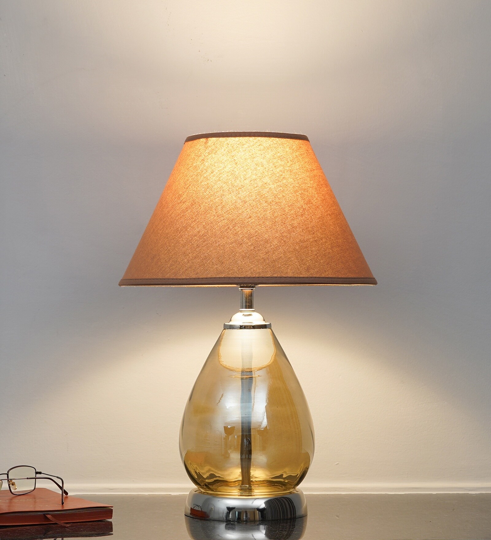 Decade Smoke Luster Glass And Metal Table Lamp With Beige Cotton Shade