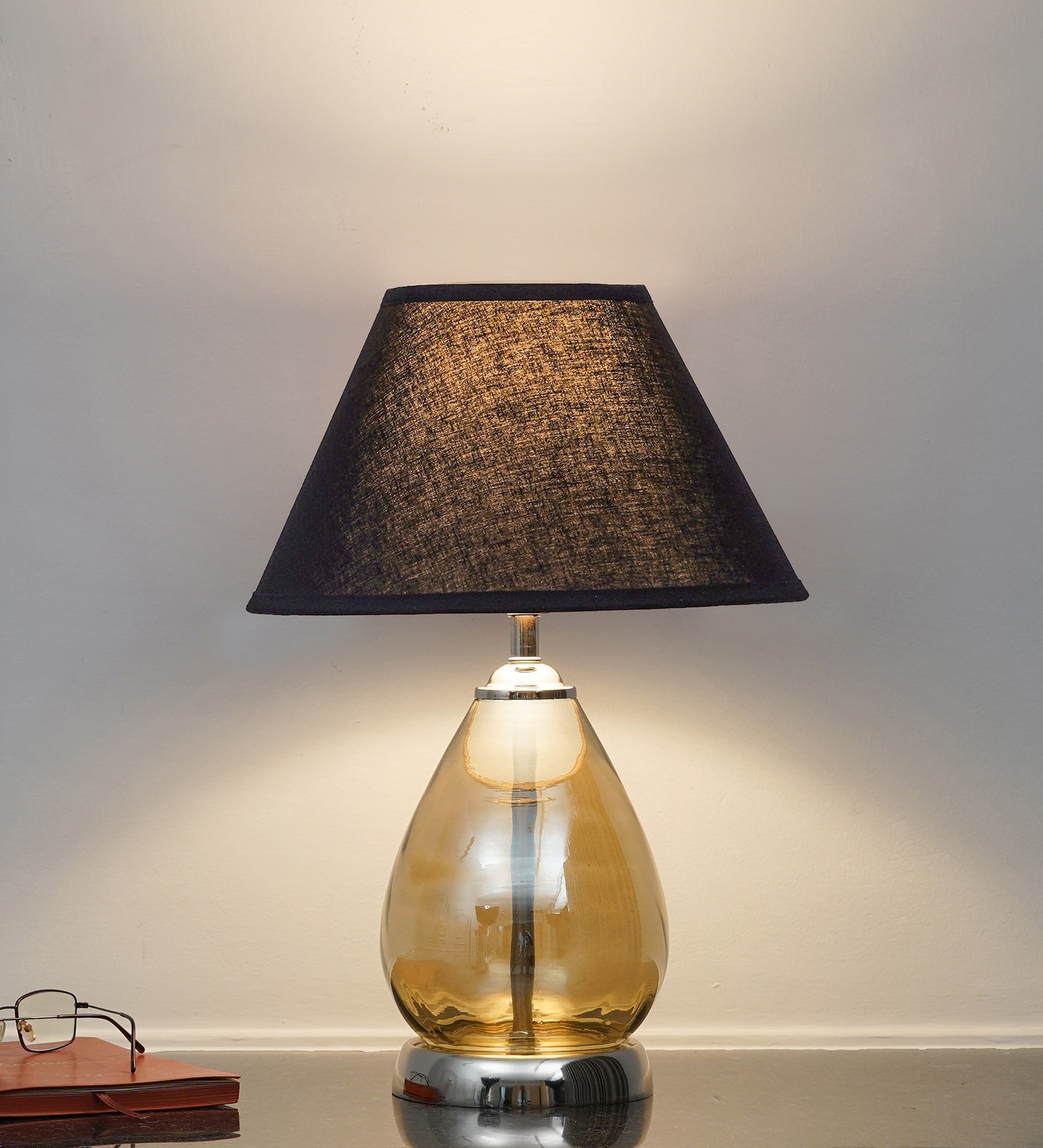 Decade Smoke Luster Glass And Metal Table Lamp With Black Cotton Shade