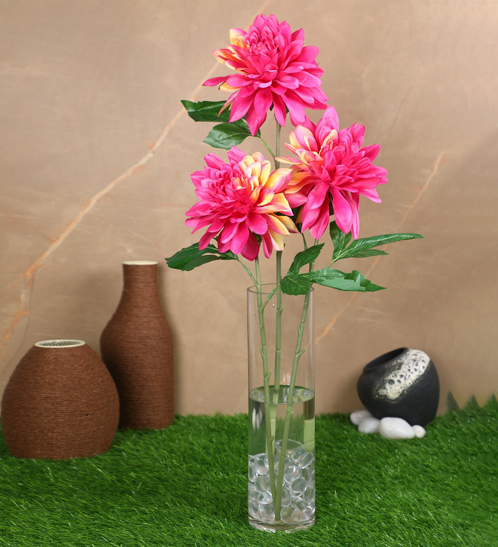 Pink Polyester Dahlia Artificial Flower Pack of 3