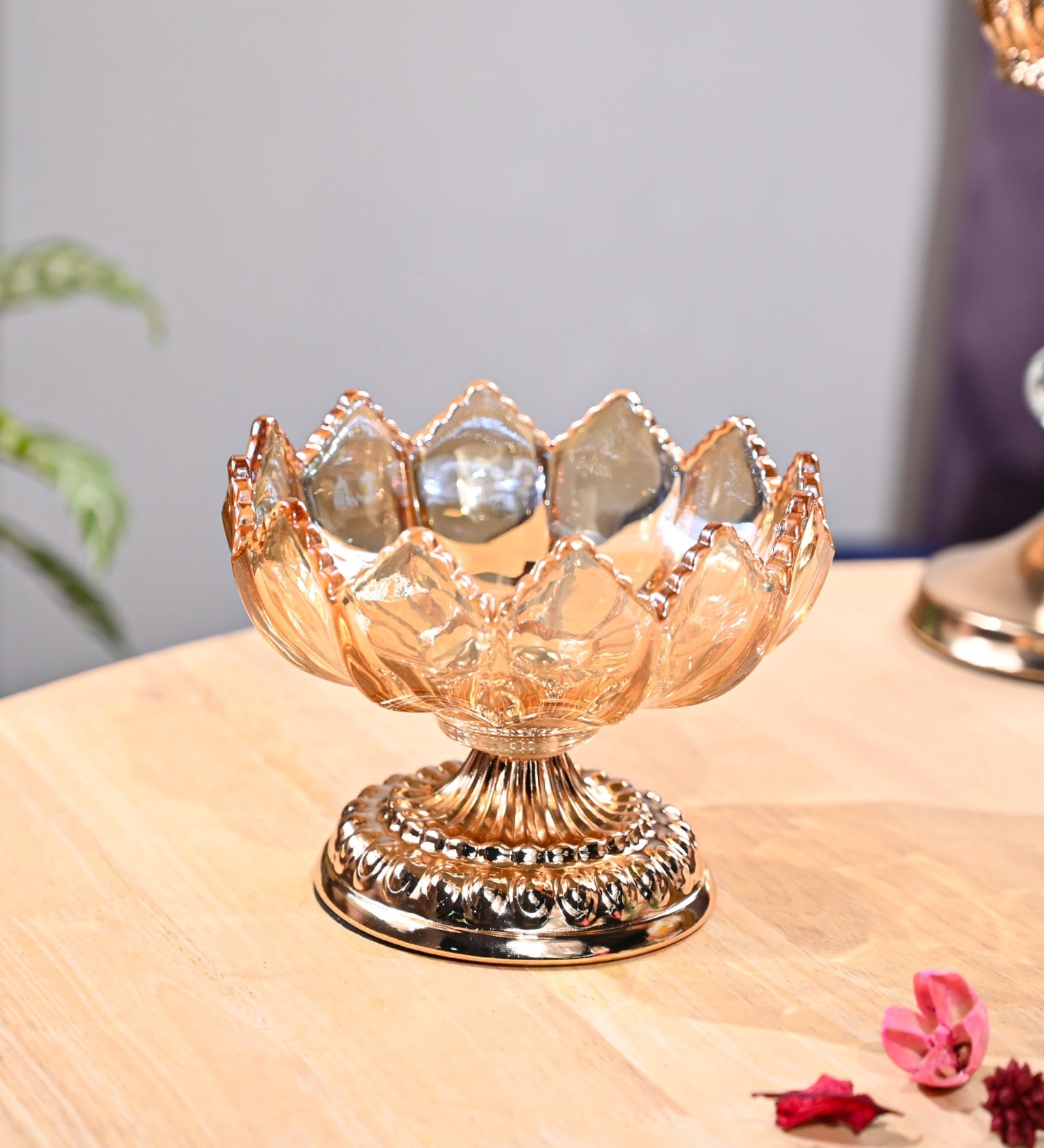Golden Decorative Glass Bowl With Lotus Design