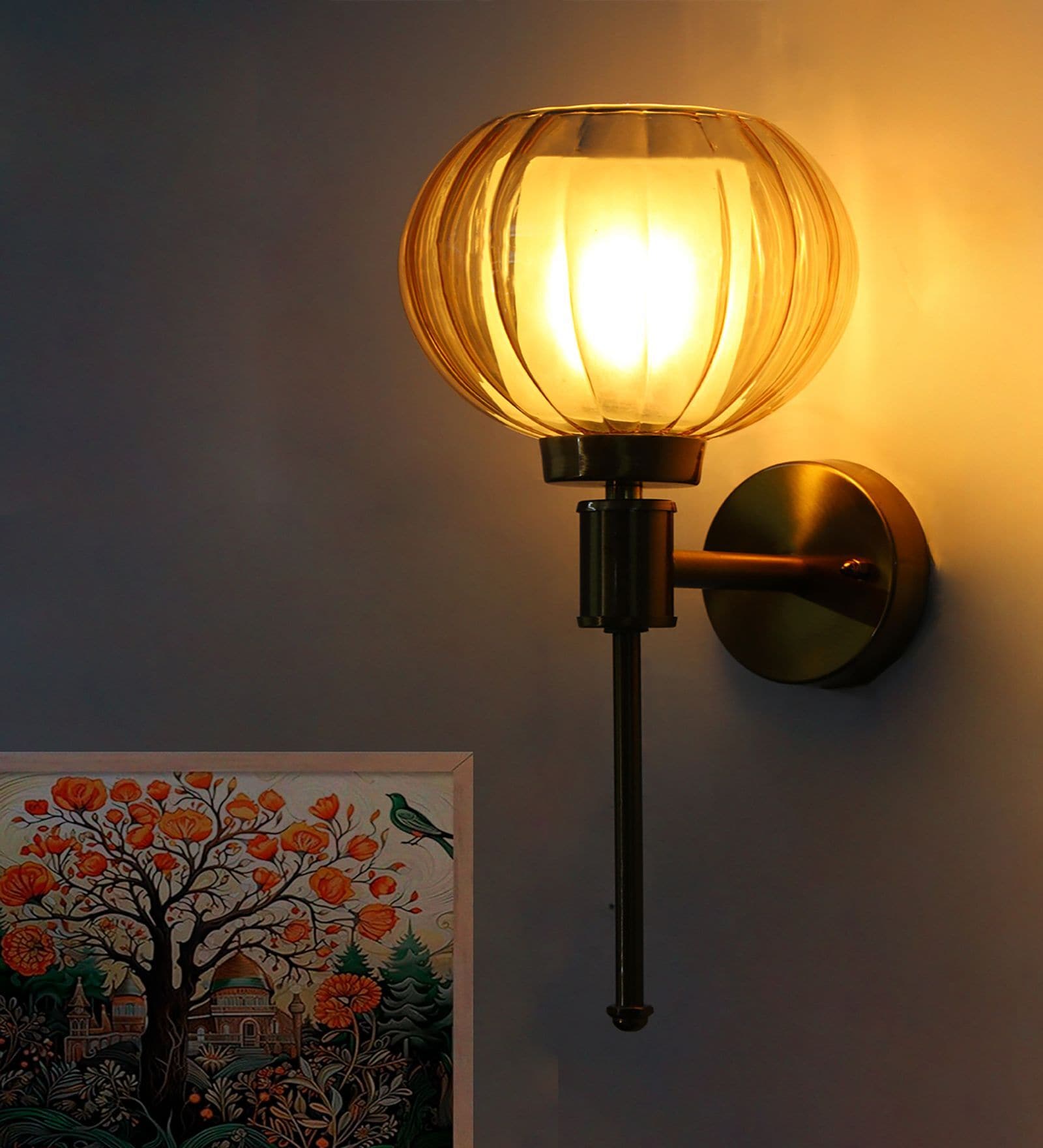 Decorative Brass Wall Light with Amber Glass