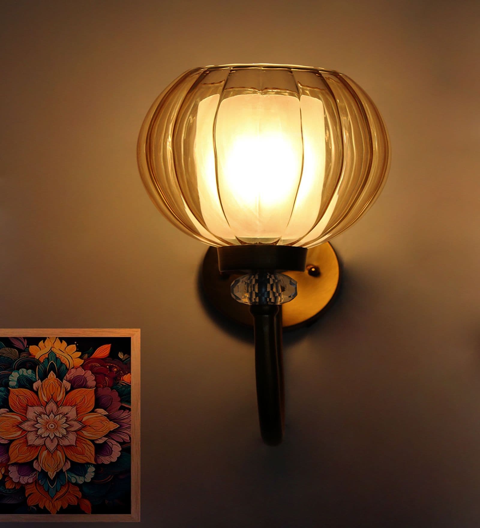 Decorative Brass Wall Light with Amber Glass Globe