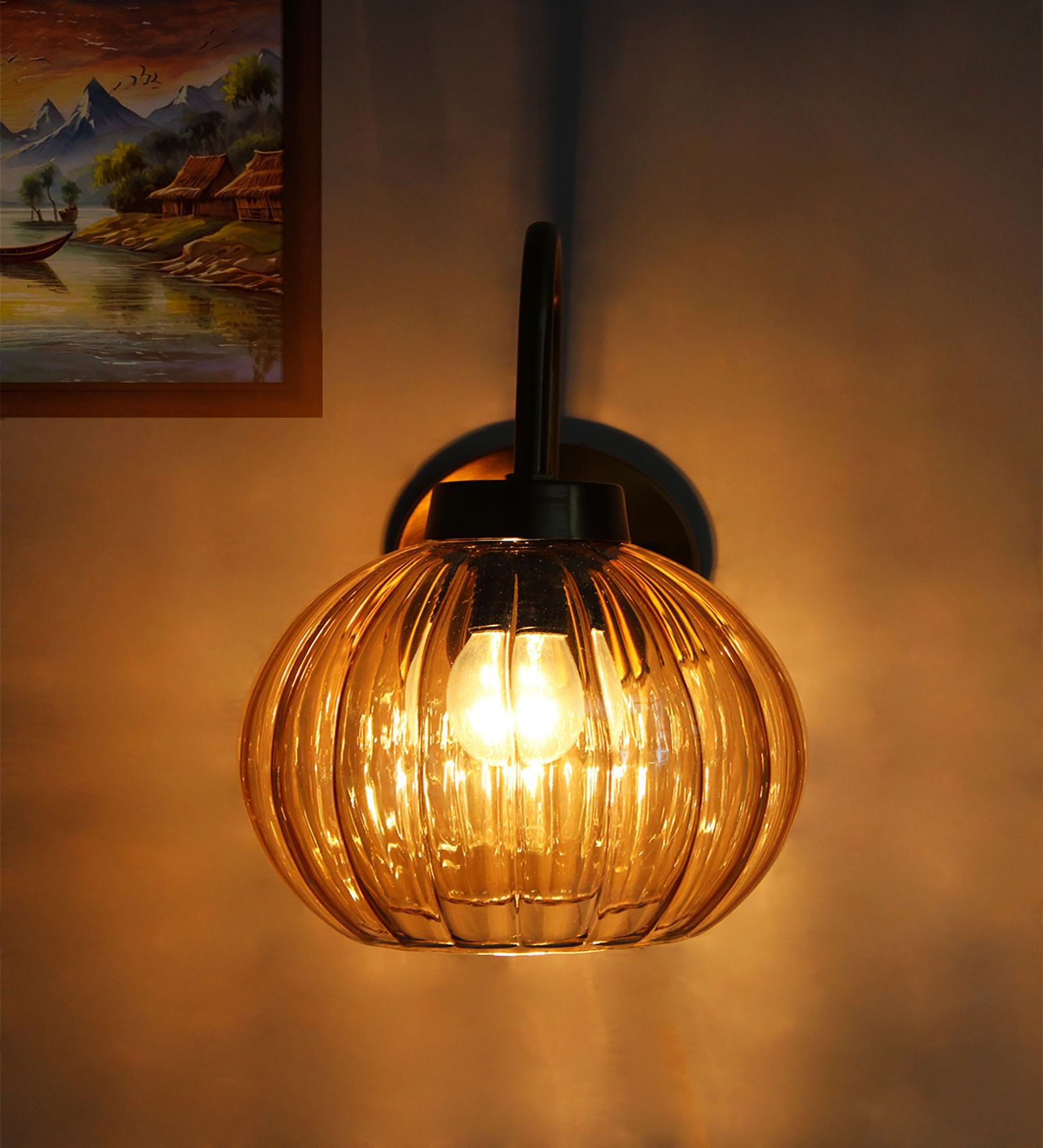 Decorative Brass Wall Sconce Ribbed Amber Glass