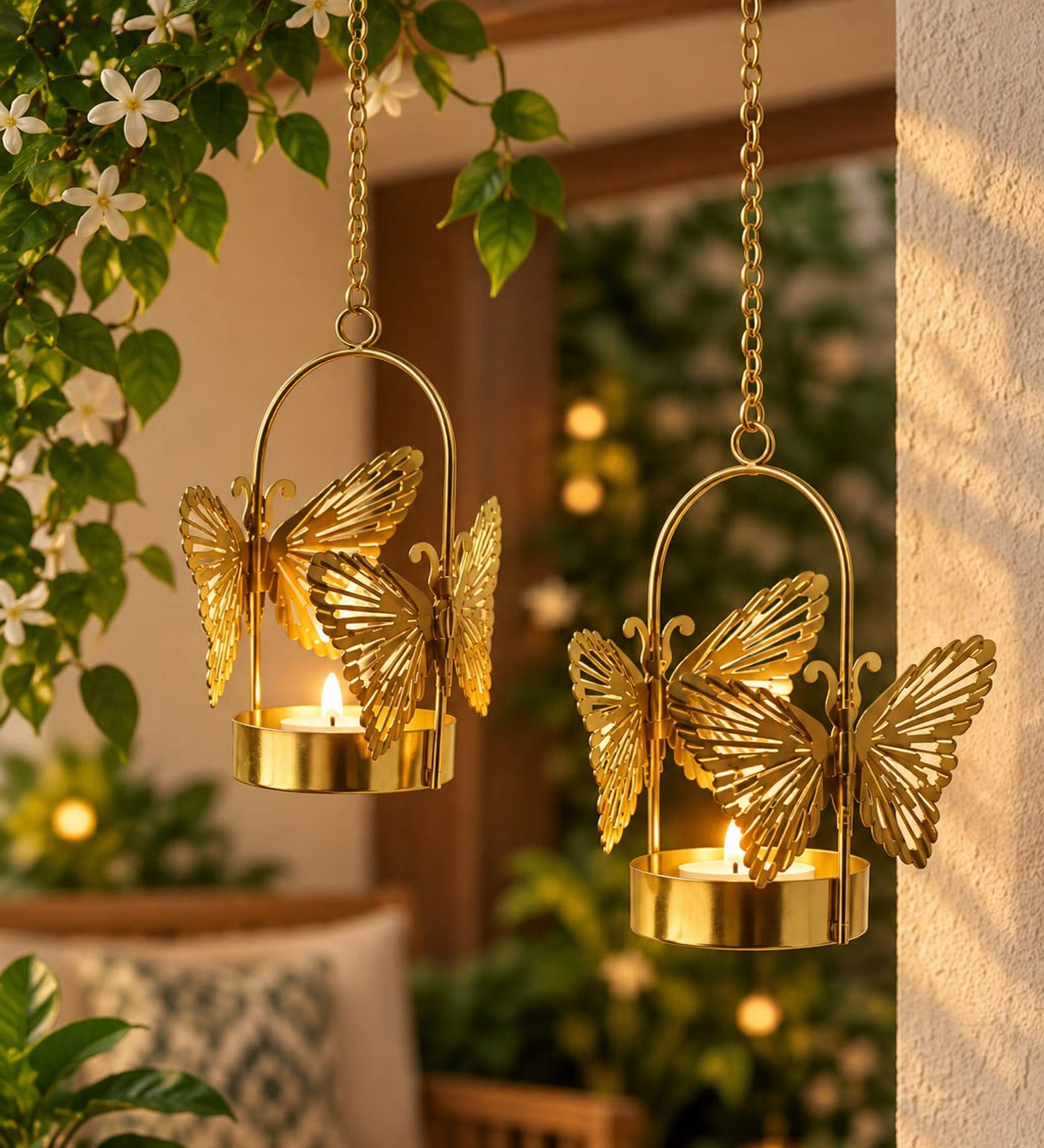Butterfly Design Hanging Tealight Holders with Gold Finish and Tealight Candle 2 Pcs