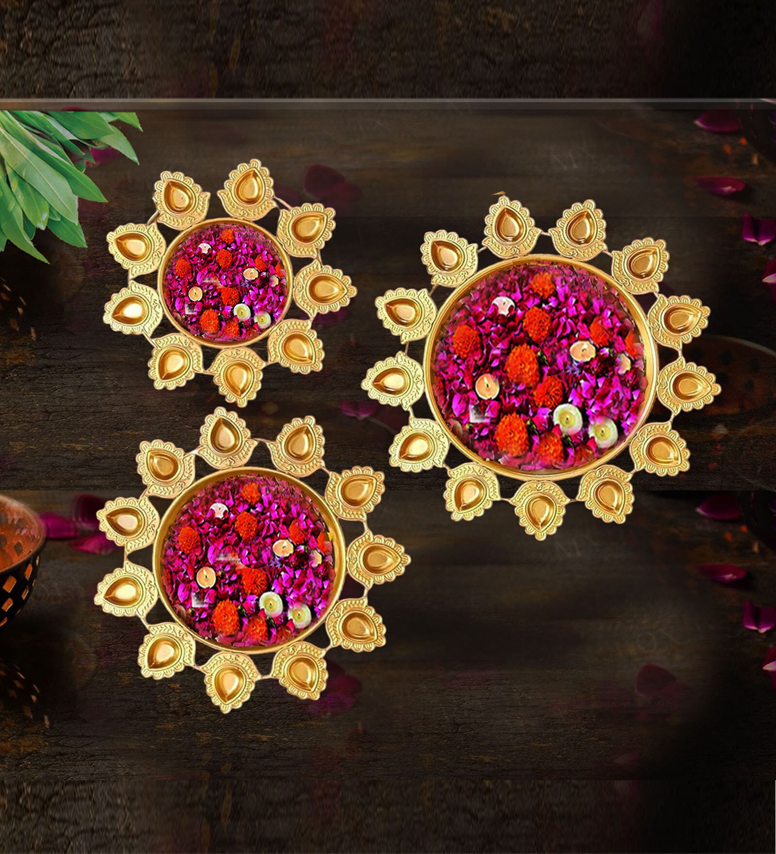Decorative Floral Set Of 3  Gold Iron Diya