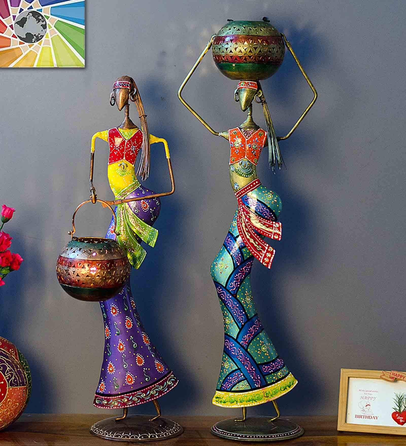 Decorative Lady Iron Figurine With Inbuilt Tealight Holder (Set of 2)