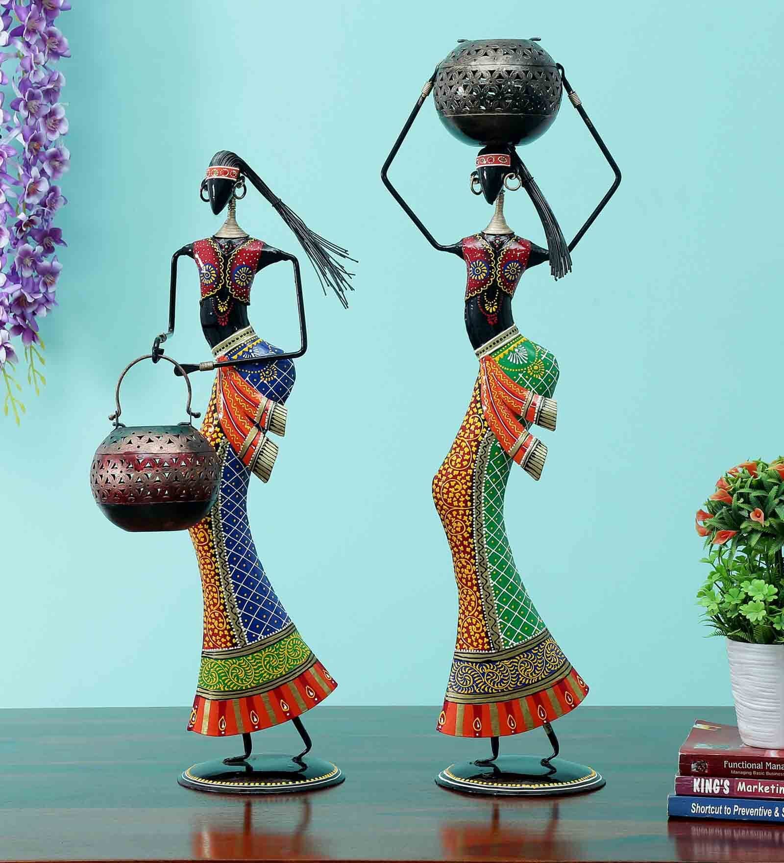 Decorative Lady Iron Figurine With Inbuilt Tealight Holder Set of 2