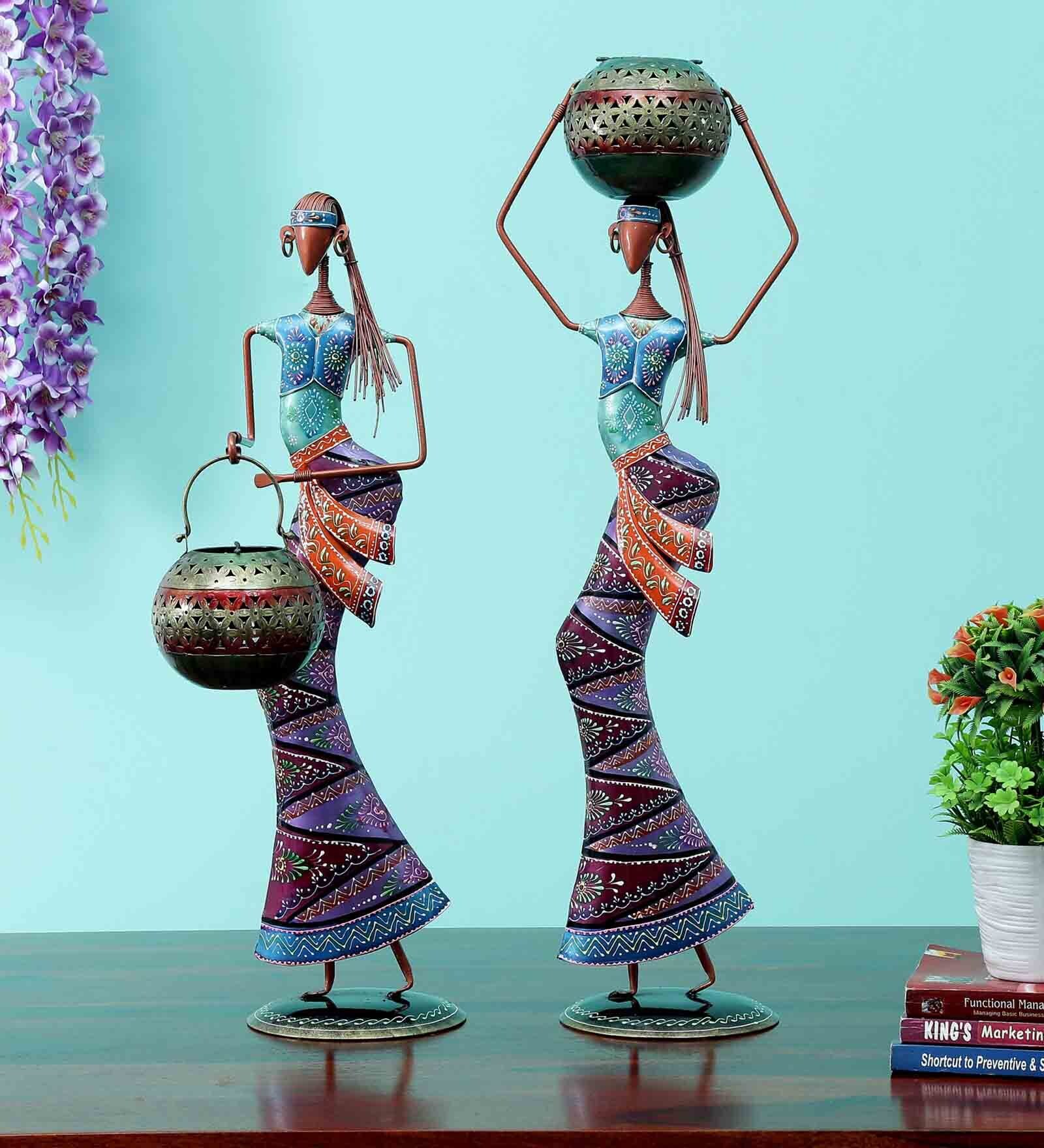 Decorative Lady Iron Figurine With Inbuilt Tealight Holder Set of 2