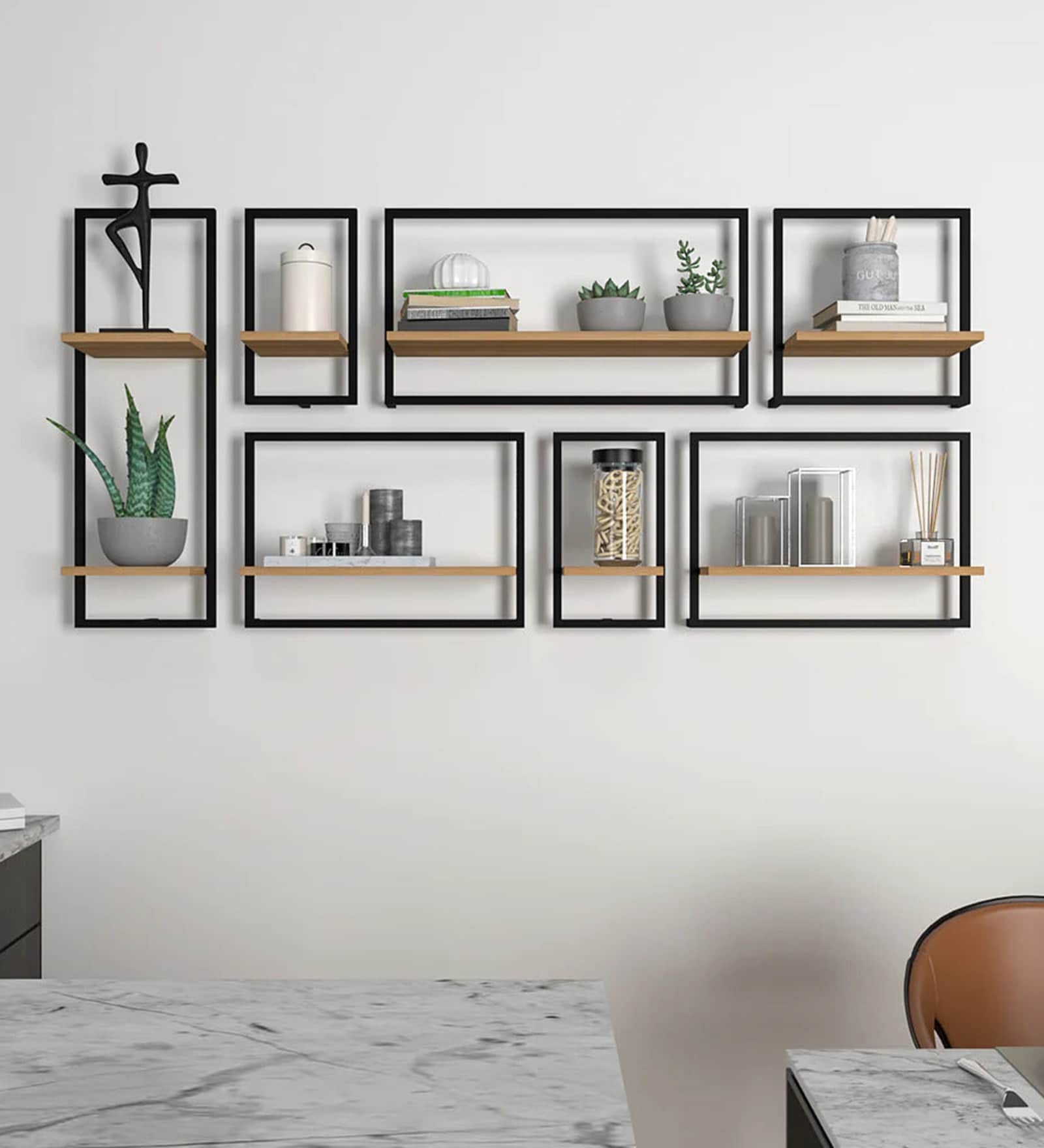 Decorative Metal Framed Wall Shelves In Urban Motif Set Of 7
