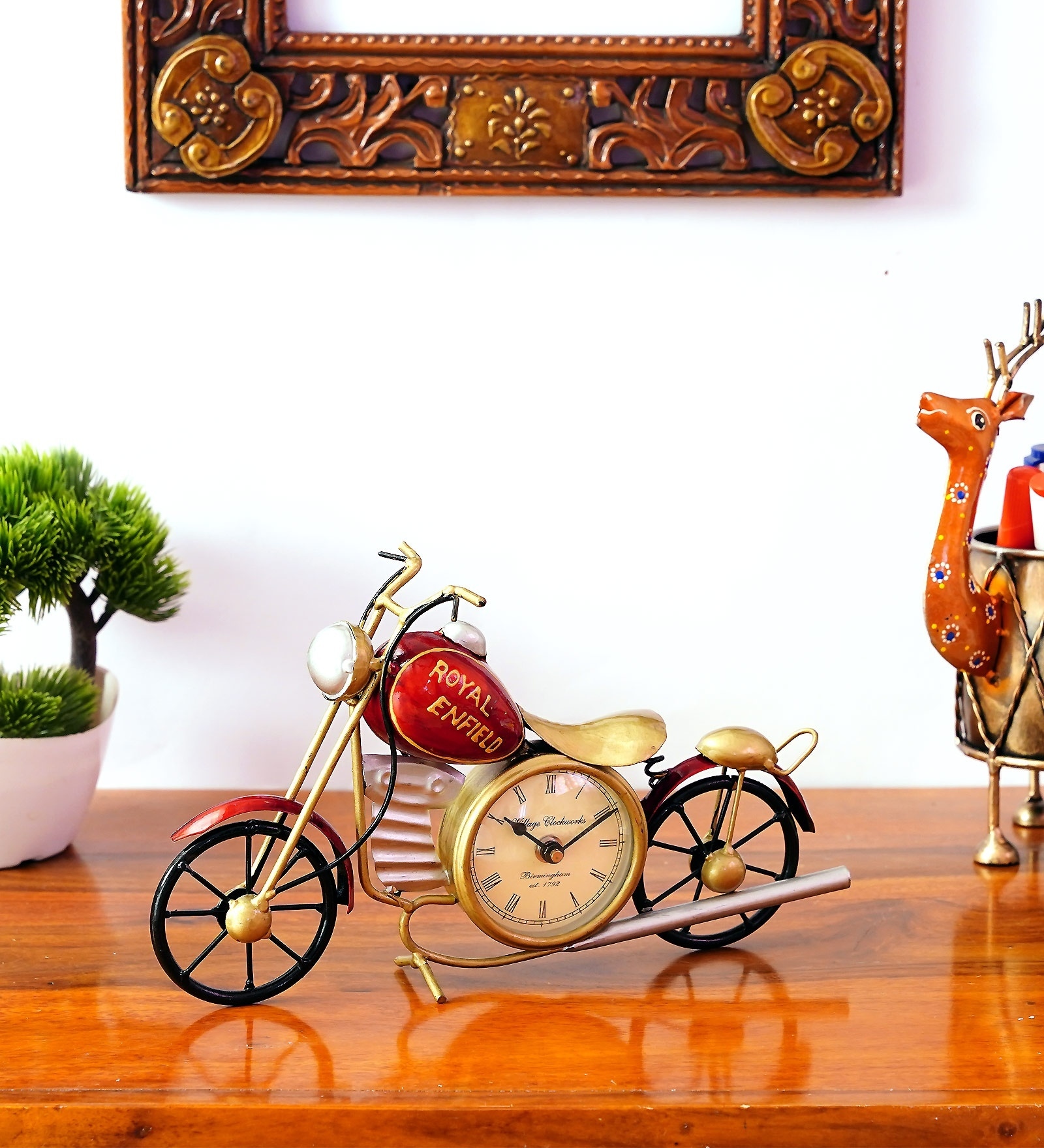Decorative Metal Handpainted Red Colour Bike Table Clock Showpiece