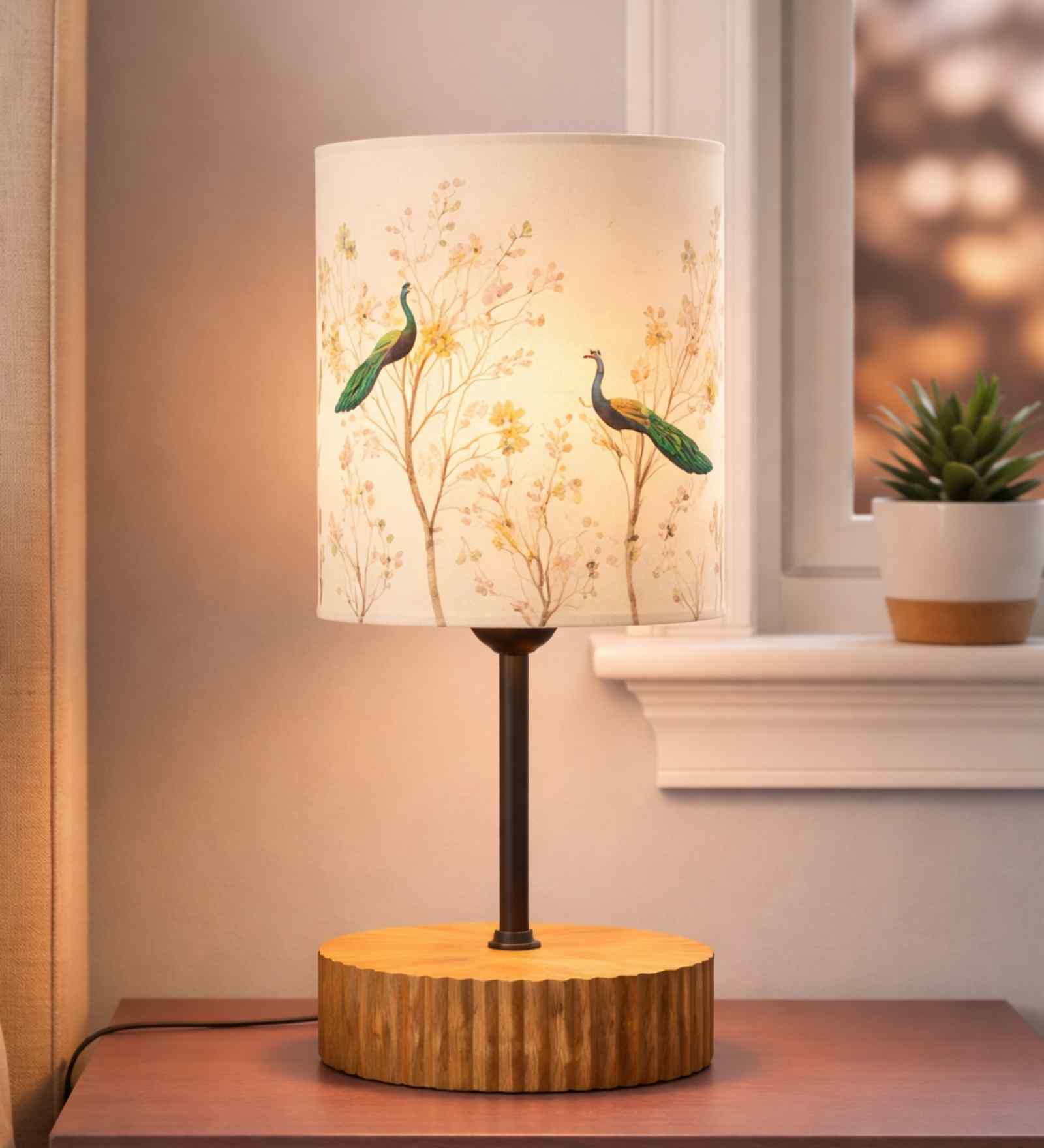 Decorative Peacock Print Fabric Shade Table Lamp