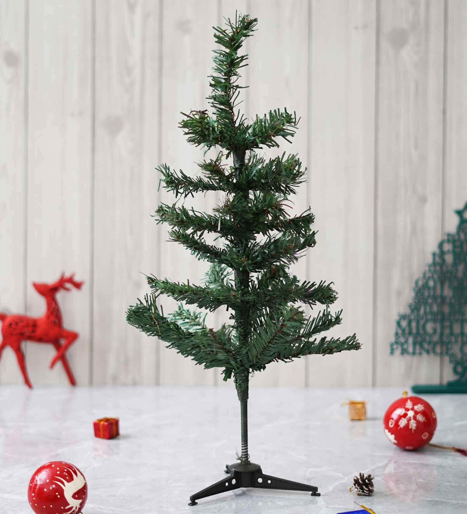 Green Plastic 2 Feet Artificial Xmas Tree With Ornaments
