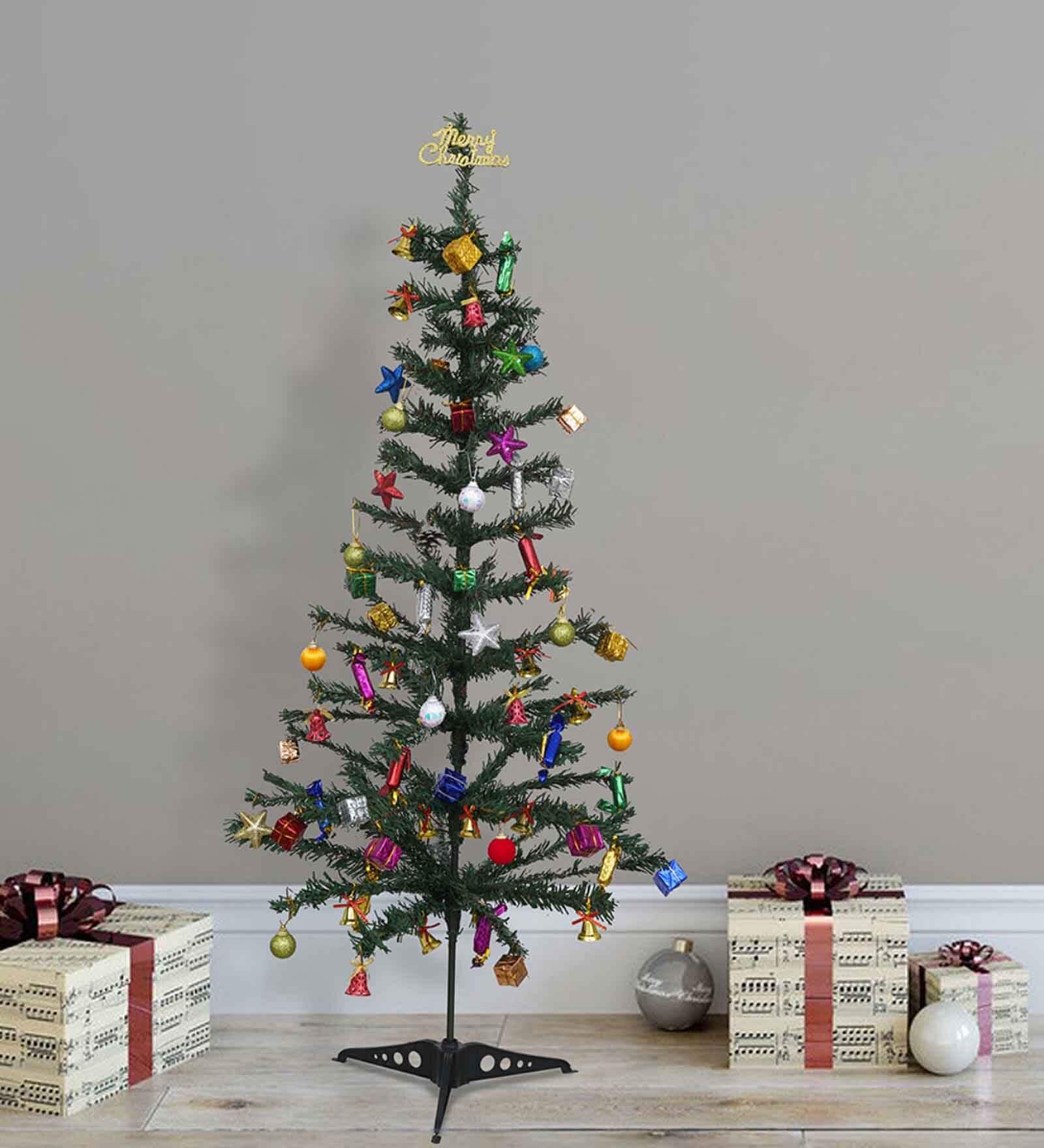 Green Plastic 3 Feet Artificial Xmas Tree With 60 Ornaments