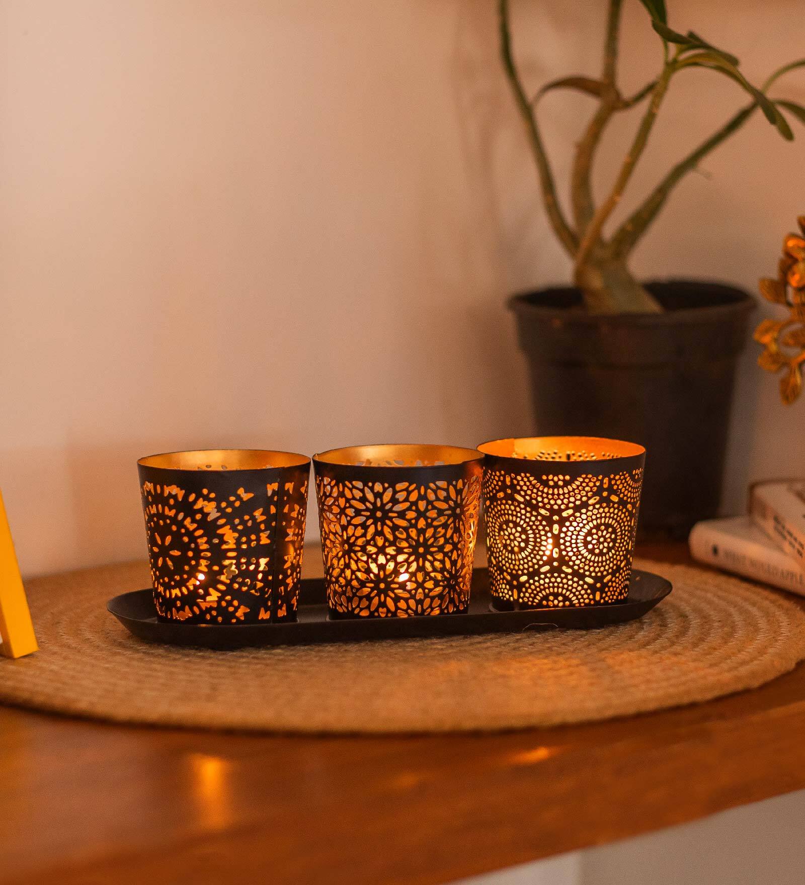 Buy Decorative Set Of 3 Black & Gold Metal Candle Holders at 23% OFF by ...