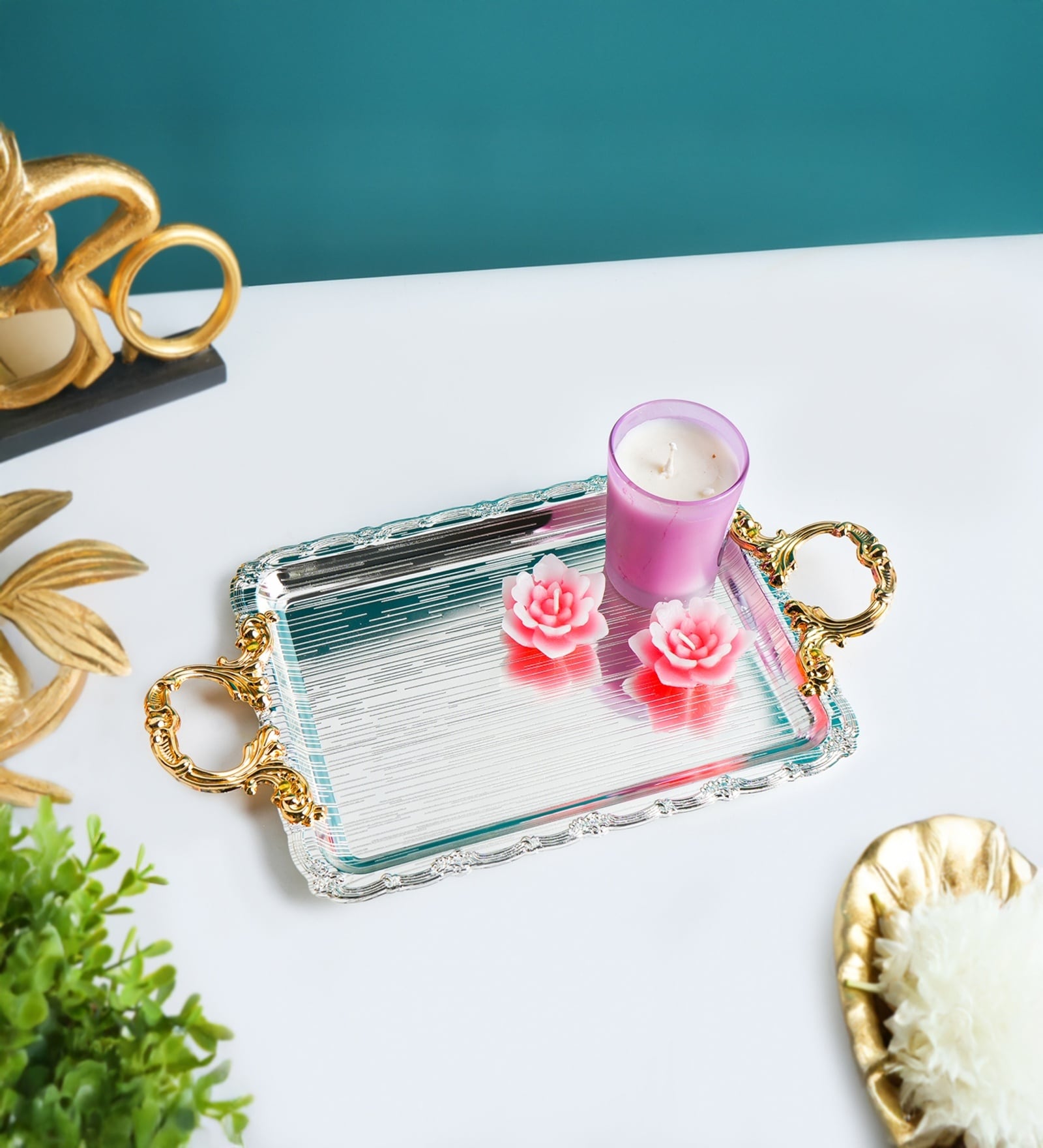 Silver & Gold Iron Decorative Tray With Dual Handles