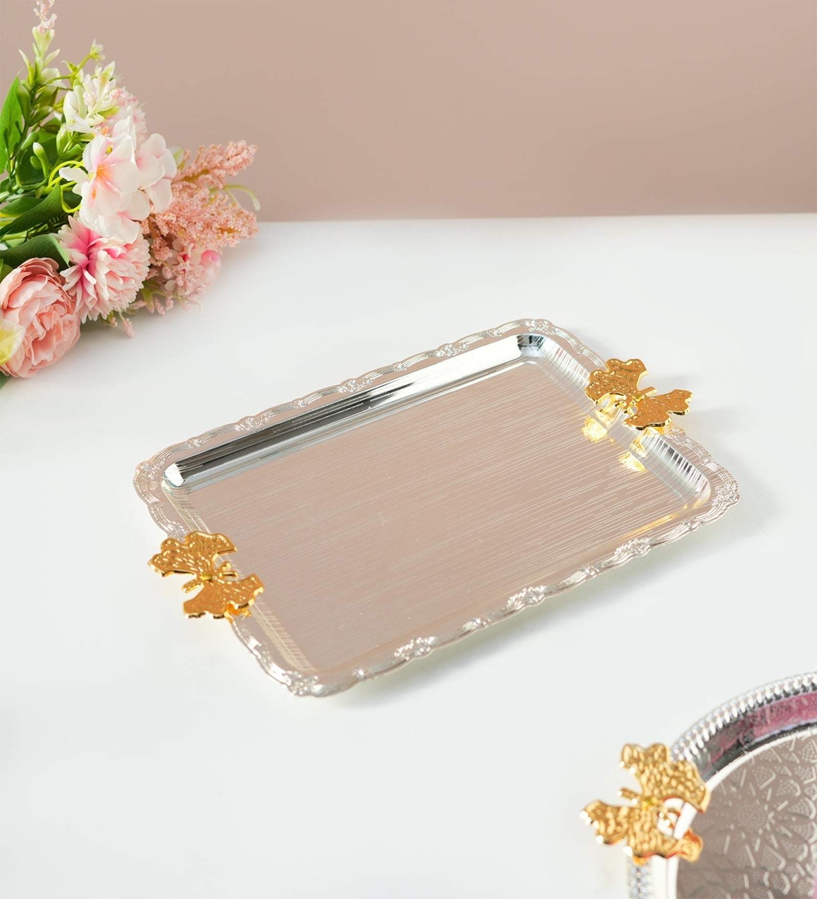 Silver & Gold Iron Decorative Tray With Dual Handles