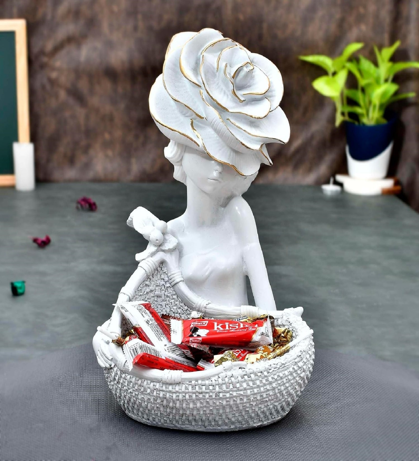 Decorative White Lady with Basket Showpiece