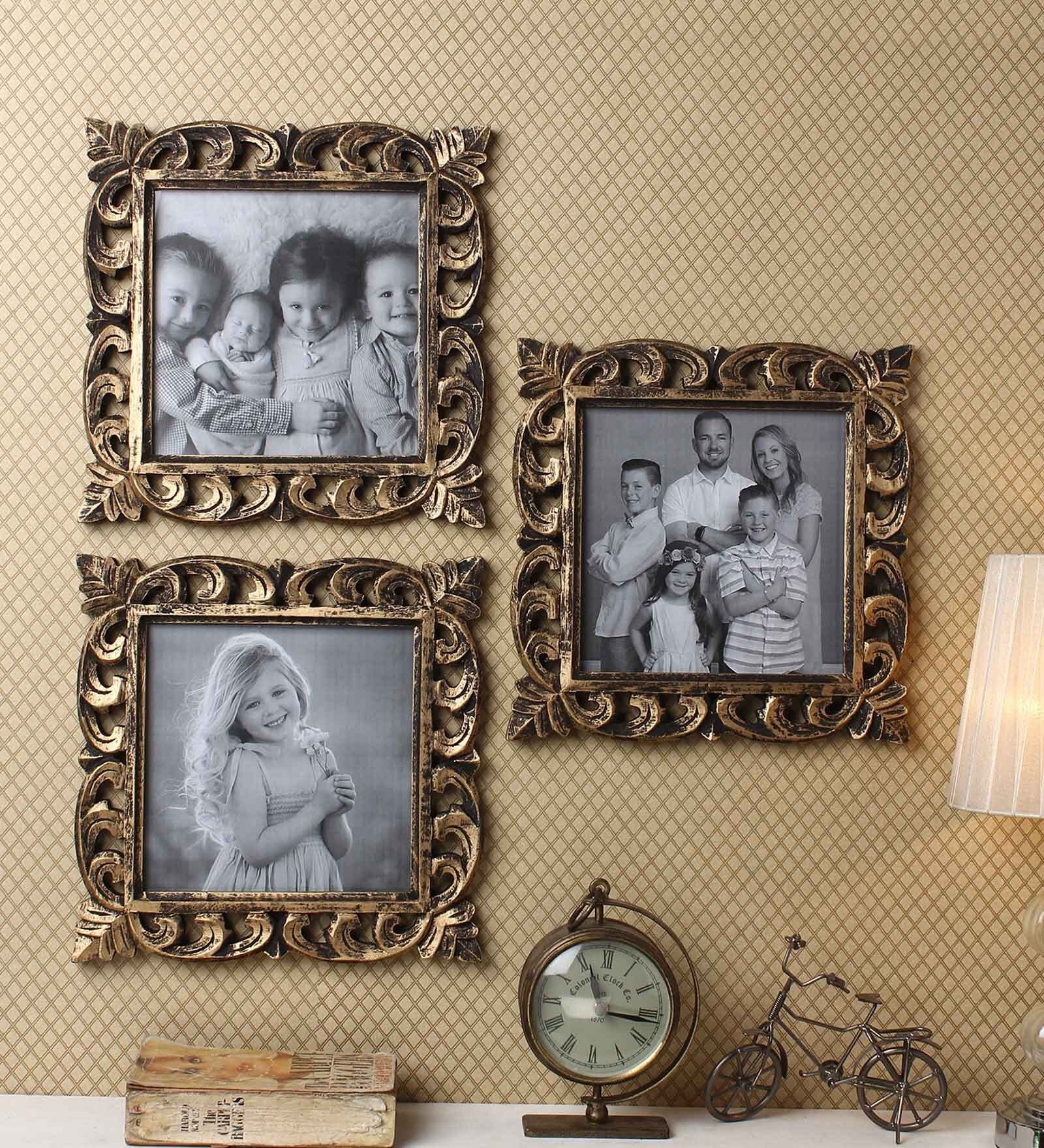 Buy Decorative Wooden Photo Frame Set of 3 Antique finish in Golden