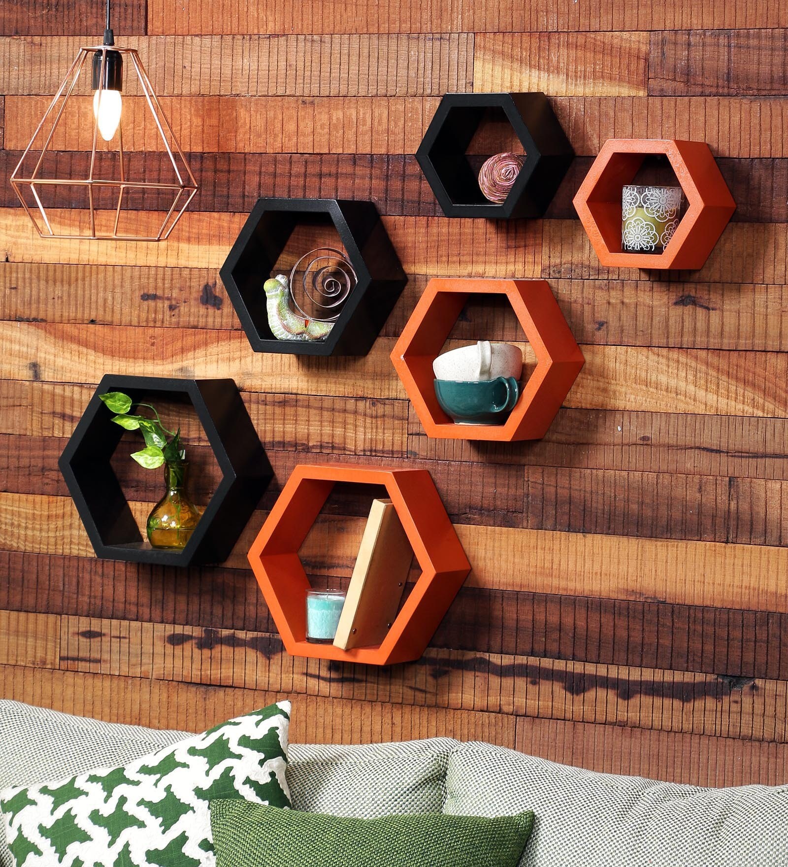 Buy AYHM Black & Orange MDF Hexagon Wall Shelf Set of 6 Online