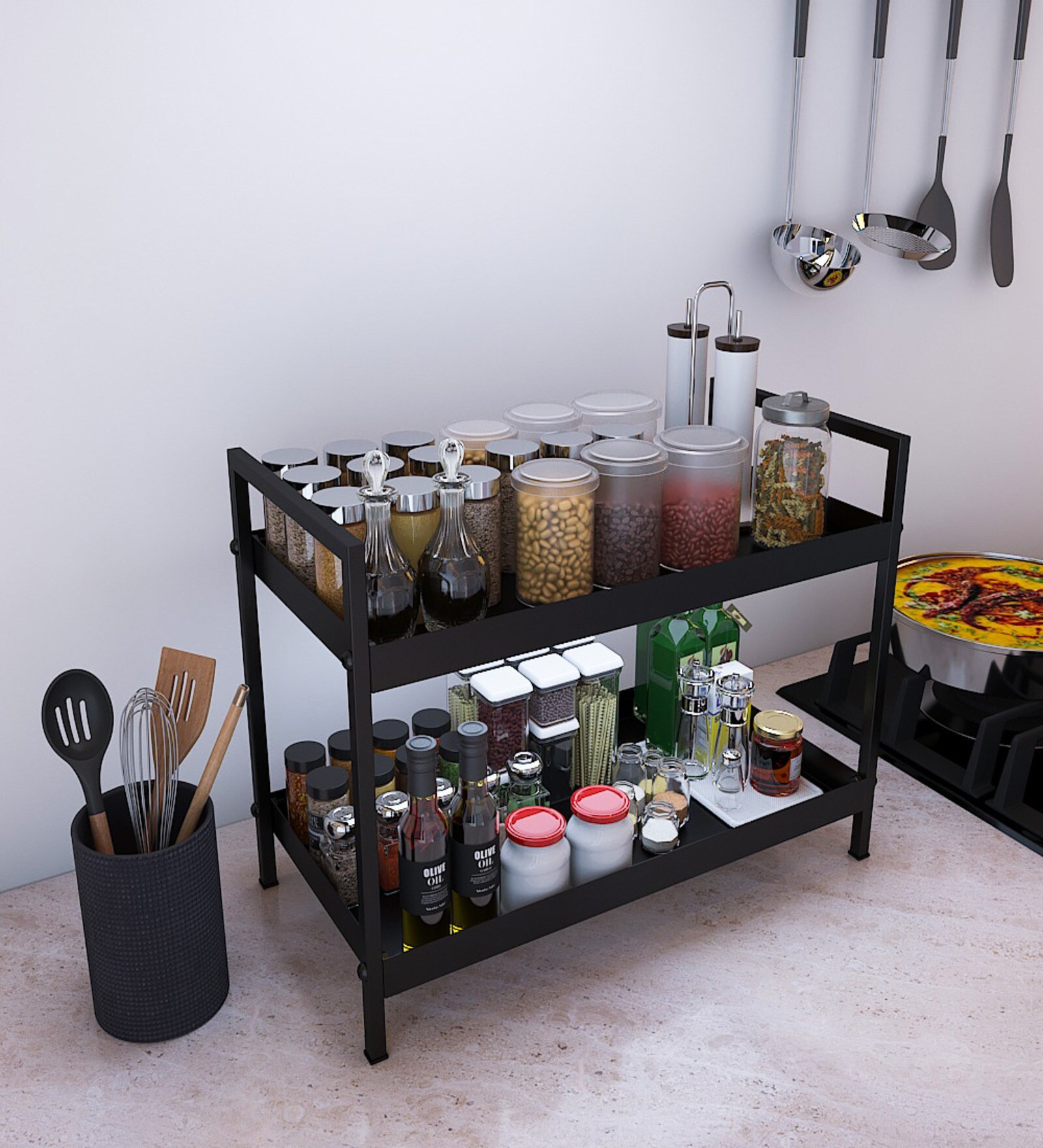 Buy Black Mild Steel 2 Tier Multipurpose Countertop Kitchen Organizer ...