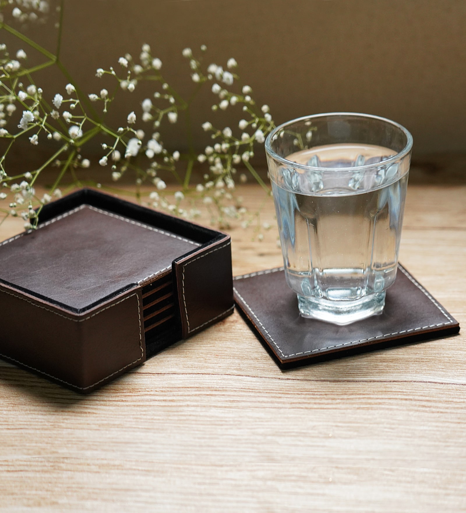 Brown  Genuine Buff Leather (Set of 6 ) Coasters With Stand