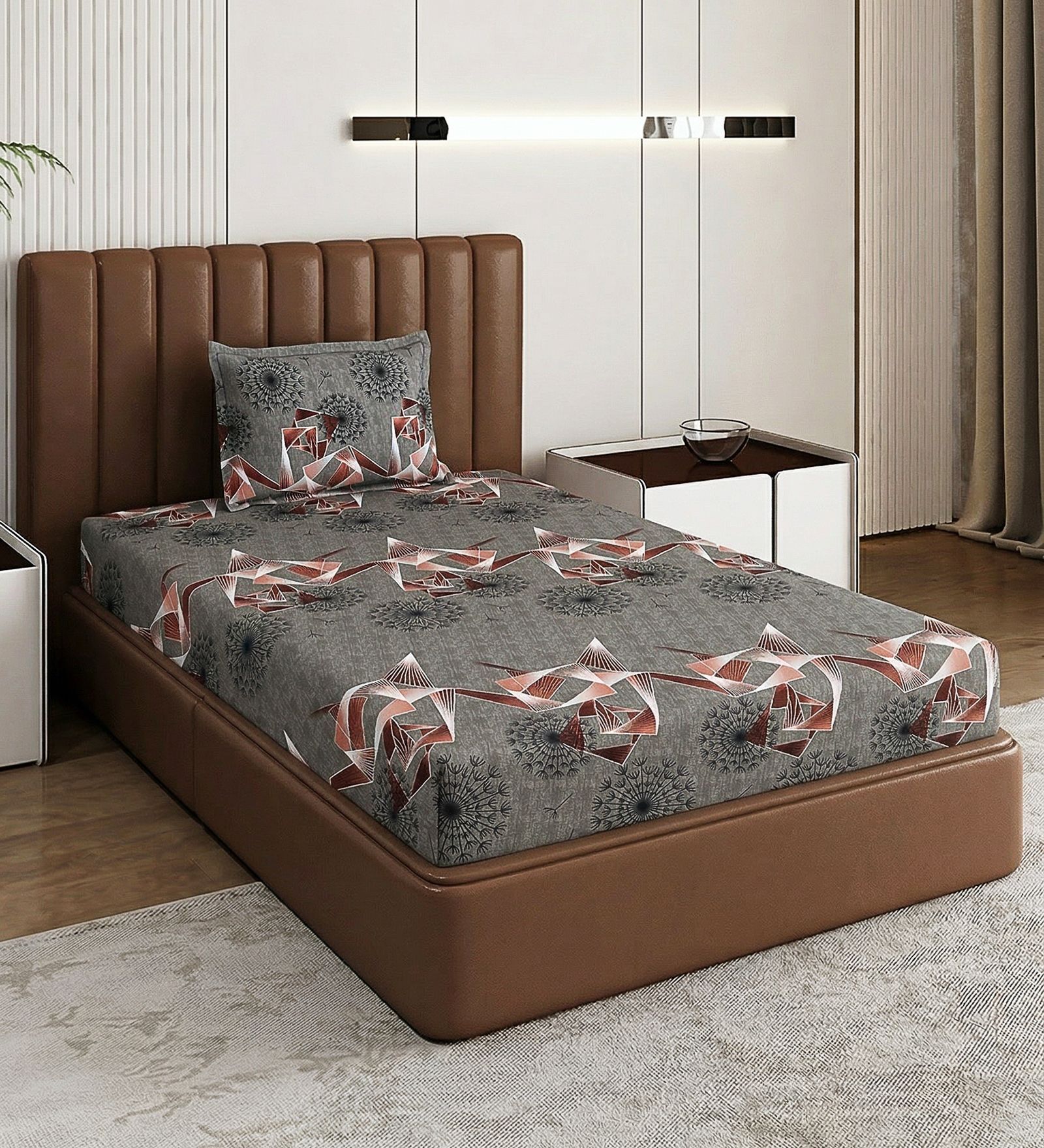 Grey Abstract 180 TC Polyester Bedsheet With Single Size Bedsheet With 1 Pillow Cover