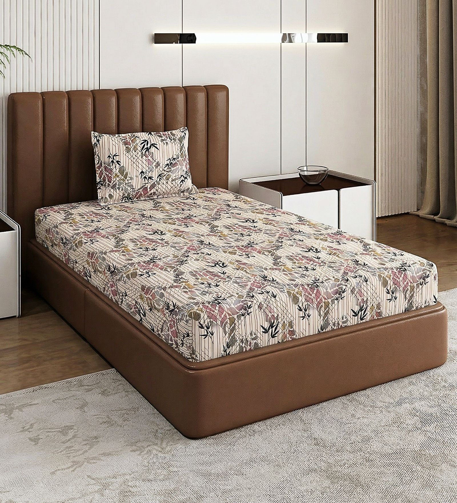 Cream Abstract 180 TC Polyester Bedsheet With Single Size Bedsheet With 1 Pillow Cover