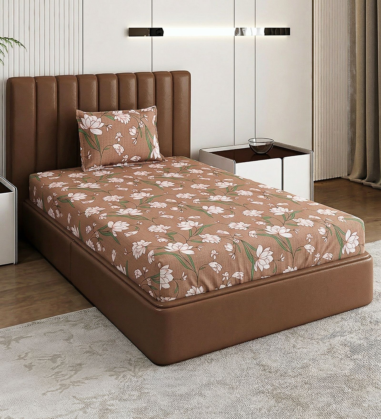 Brown Floral 180 TC Polyester Bedsheet With Single Size Bedsheet With 1 Pillow Cover