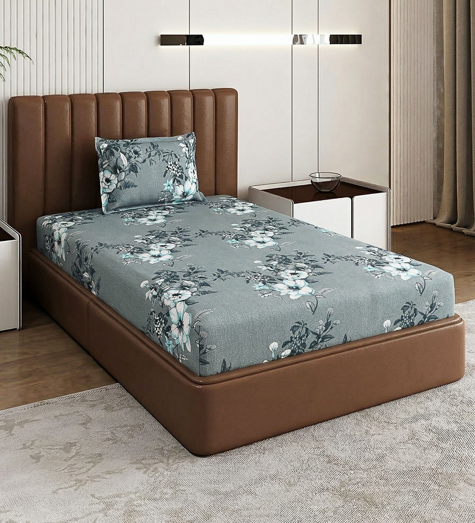 Grey Floral 180 TC Polyester Bedsheet With Single Size Bedsheet With 1 Pillow Cover
