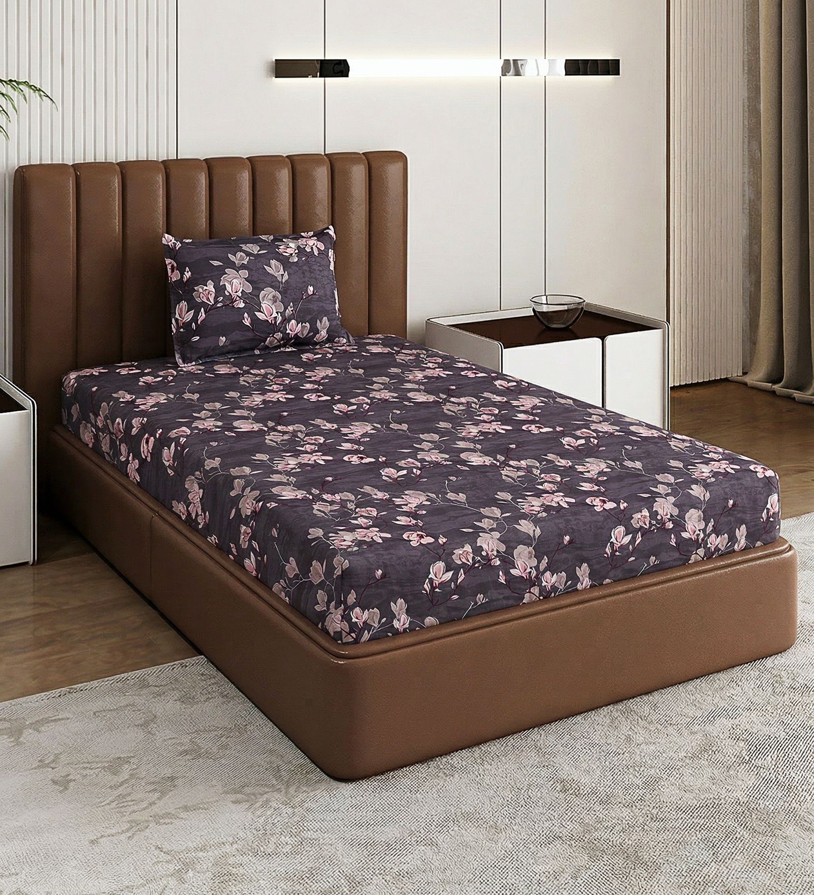 Grey Floral 180 TC Polyester Bedsheet With Single Size Bedsheet With 1 Pillow Cover