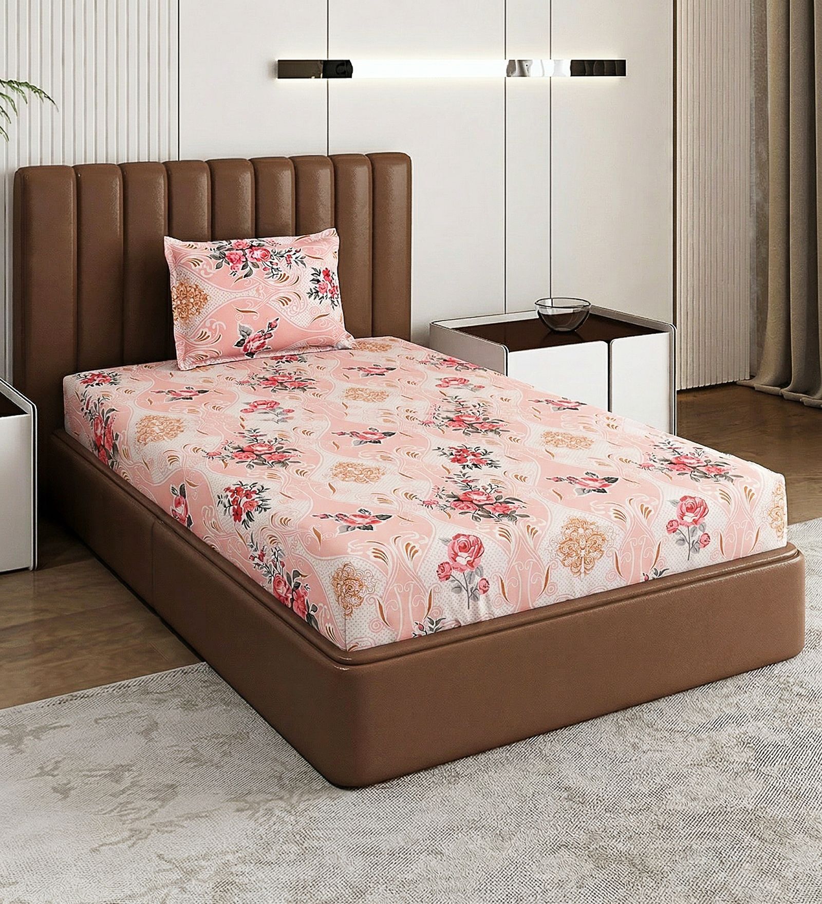 Peach Floral 180 TC Polyester Bedsheet With Single Size Bedsheet With 1 Pillow Cover