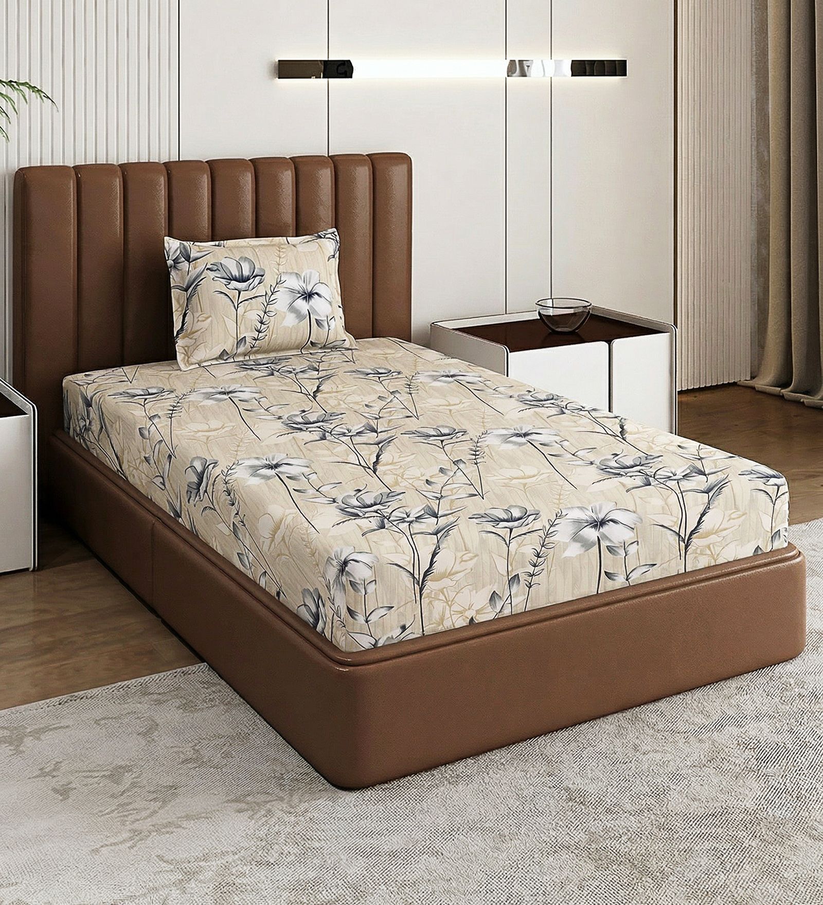 Beige Floral 180 TC Polyester Bedsheet With Single Size Bedsheet With 1 Pillow Cover